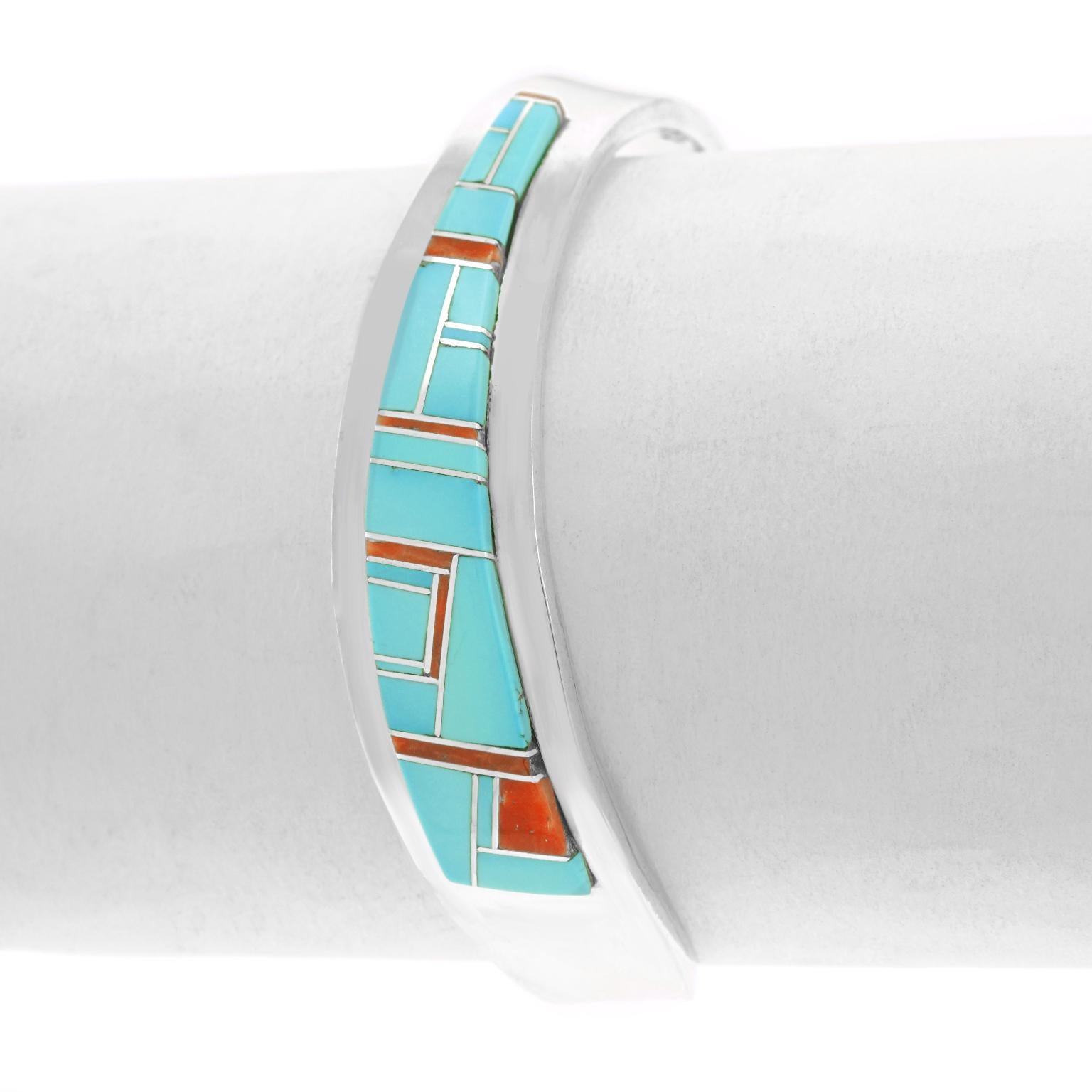 Modernist Navajo Inlaid Stone Sterling Cuff Bracelet 4