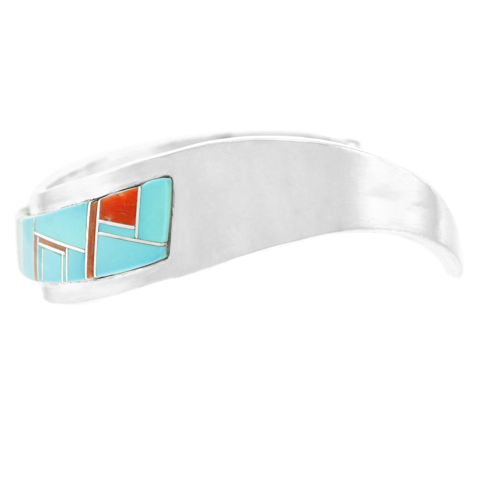 Modernist Navajo Inlaid Stone Sterling Cuff Bracelet 1