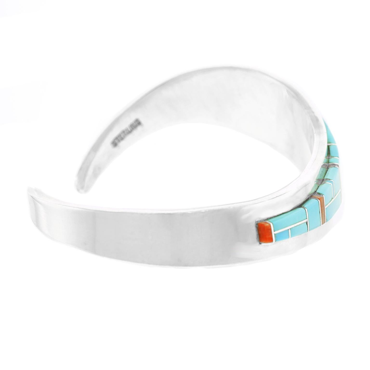 Modernist Navajo Inlaid Stone Sterling Cuff Bracelet 3