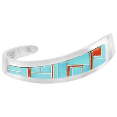 Modernist Navajo Inlaid Stone Sterling Cuff Bracelet