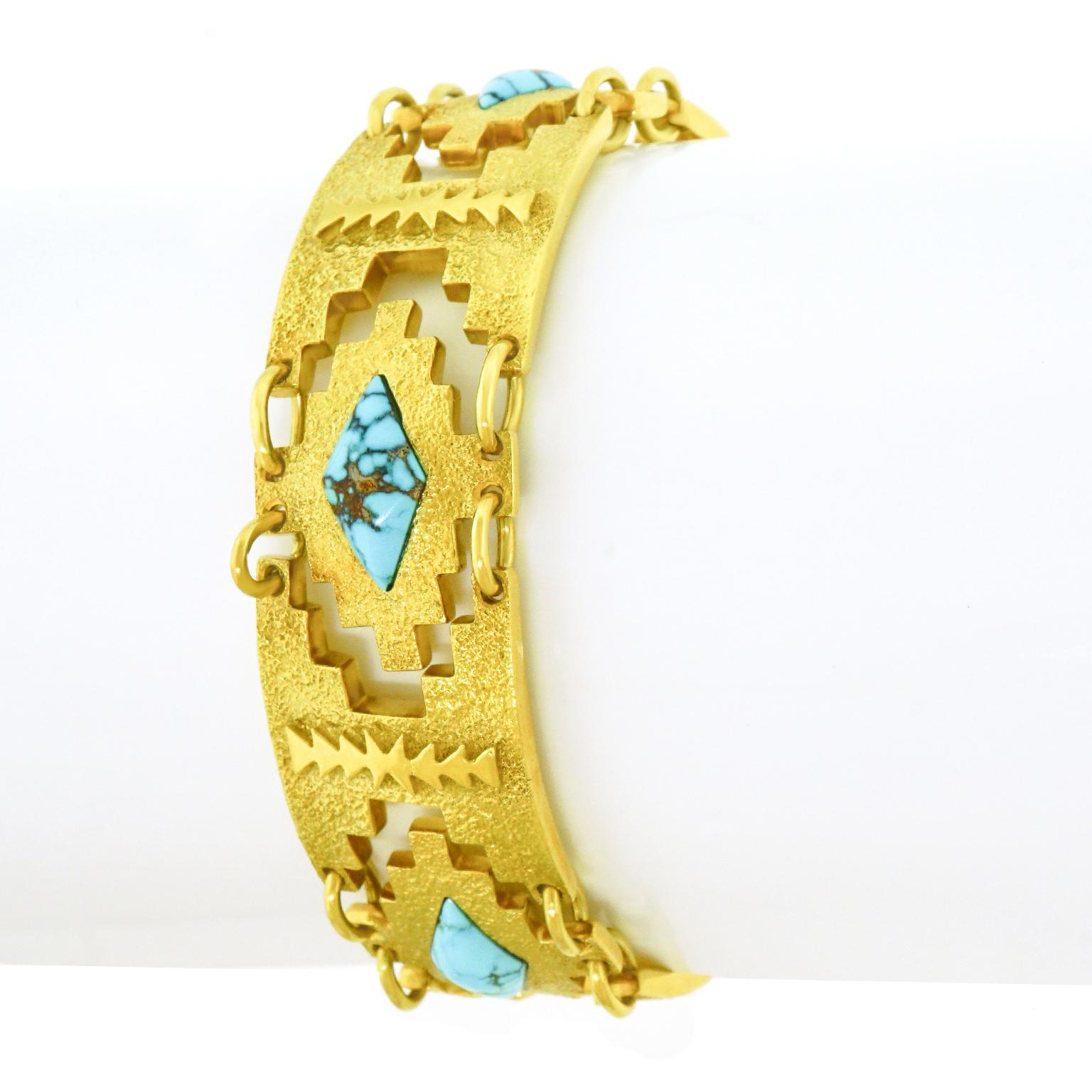 Modernist Navajo Turquoise and Gold Bracelet by Harvey Begay 2