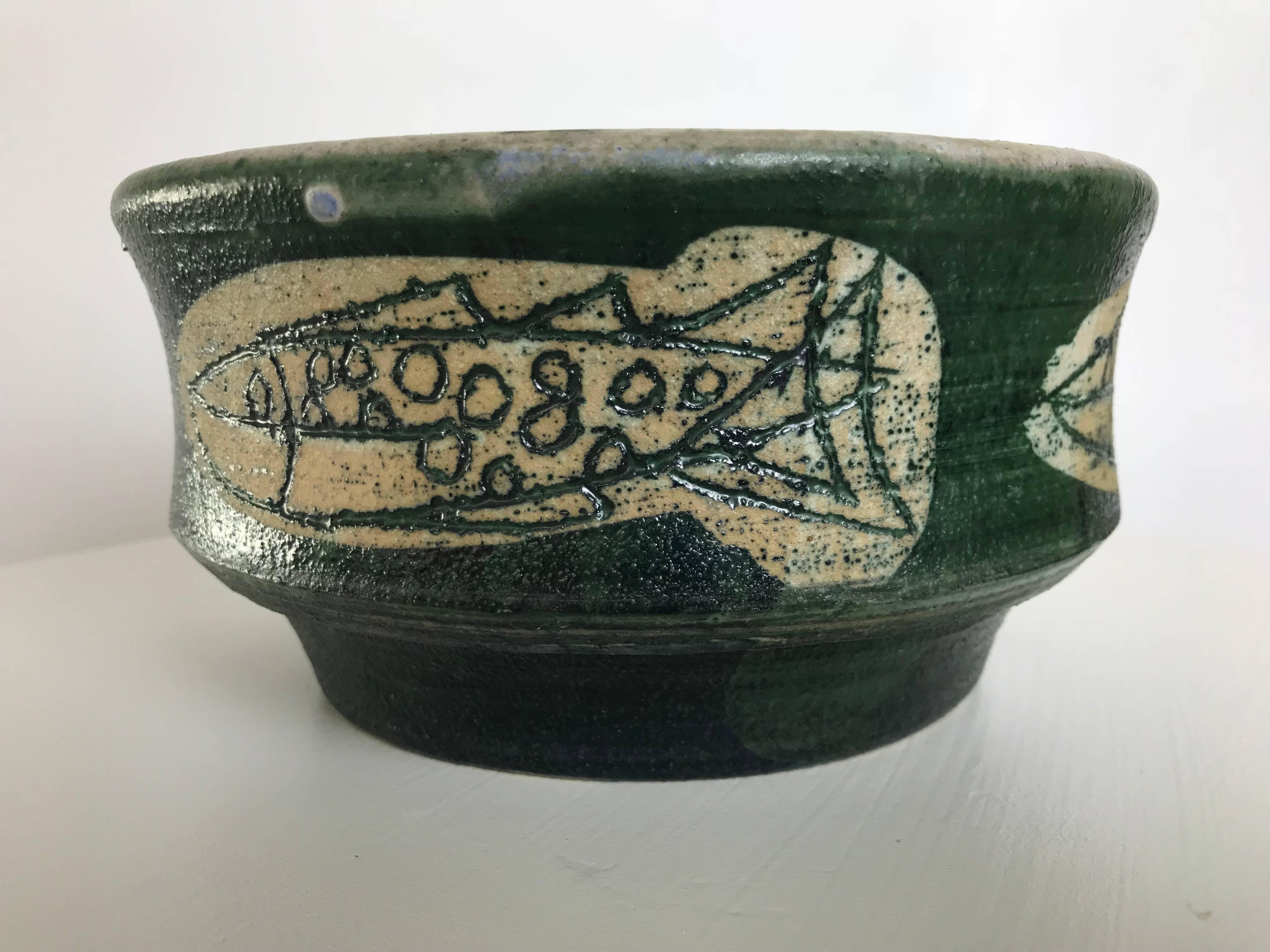 Mid-Century Modern Modernist Neolithic Fish Studio Ceramic Bowl by Listed Artist Frank Colson