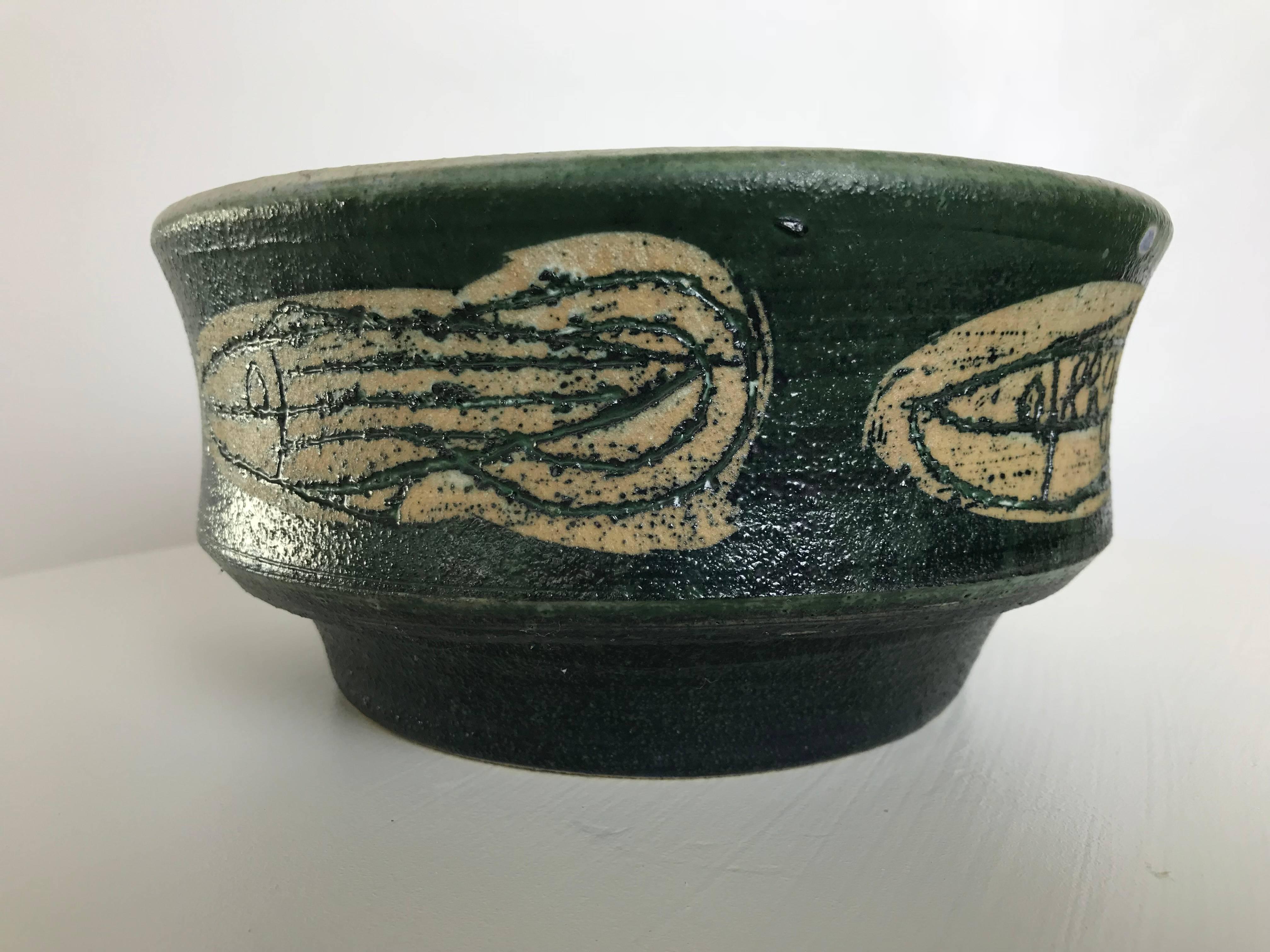 American Modernist Neolithic Fish Studio Ceramic Bowl by Listed Artist Frank Colson