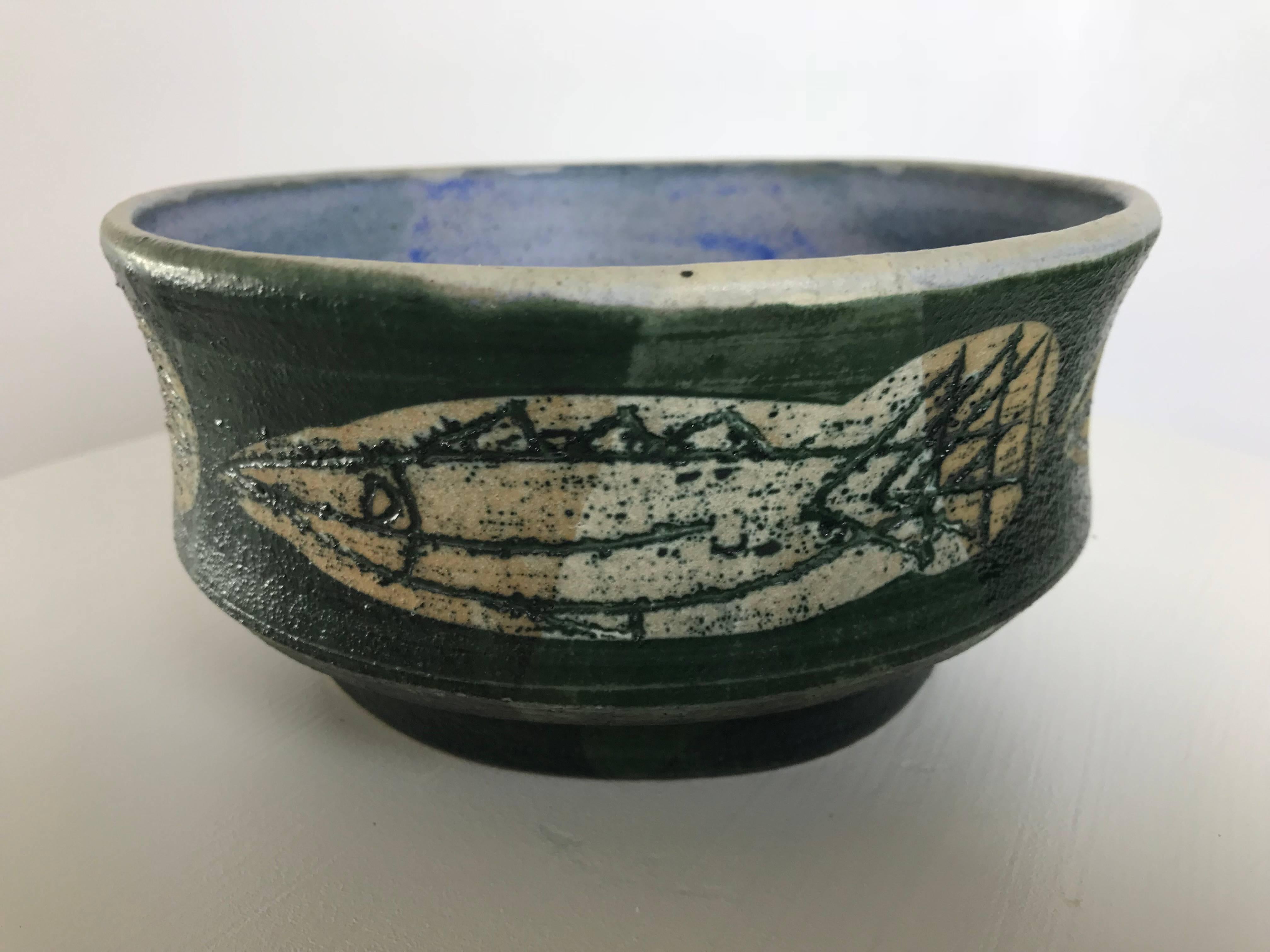 Mid-20th Century Modernist Neolithic Fish Studio Ceramic Bowl by Listed Artist Frank Colson