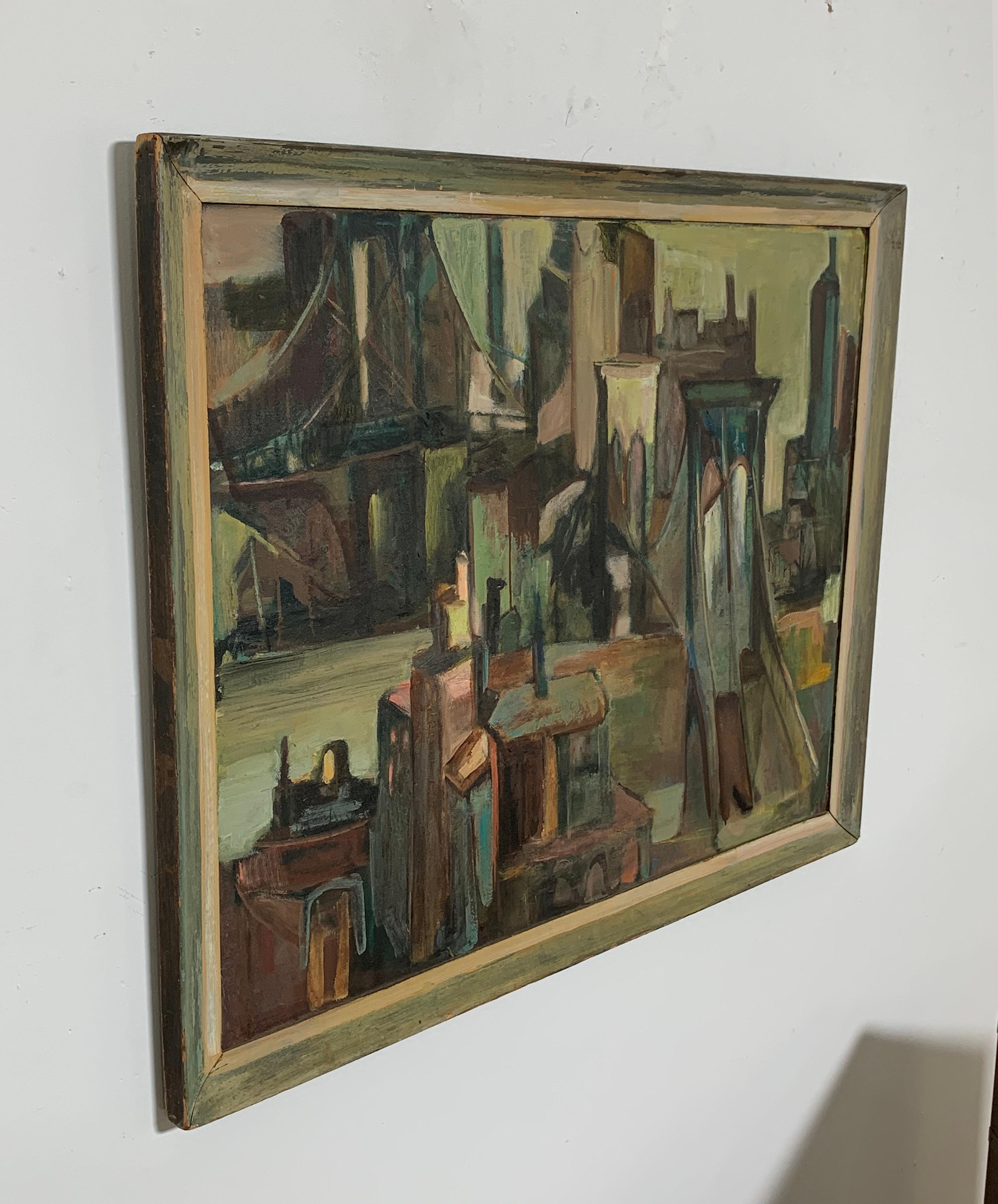 A modernist scene of New York City’s east side bridges and Brooklyn (Queens?) rooftops painted in a manner and palette reminiscent of the region’s earlier Ashcan School. Signed on reverse B. Simmons and dated 1957.