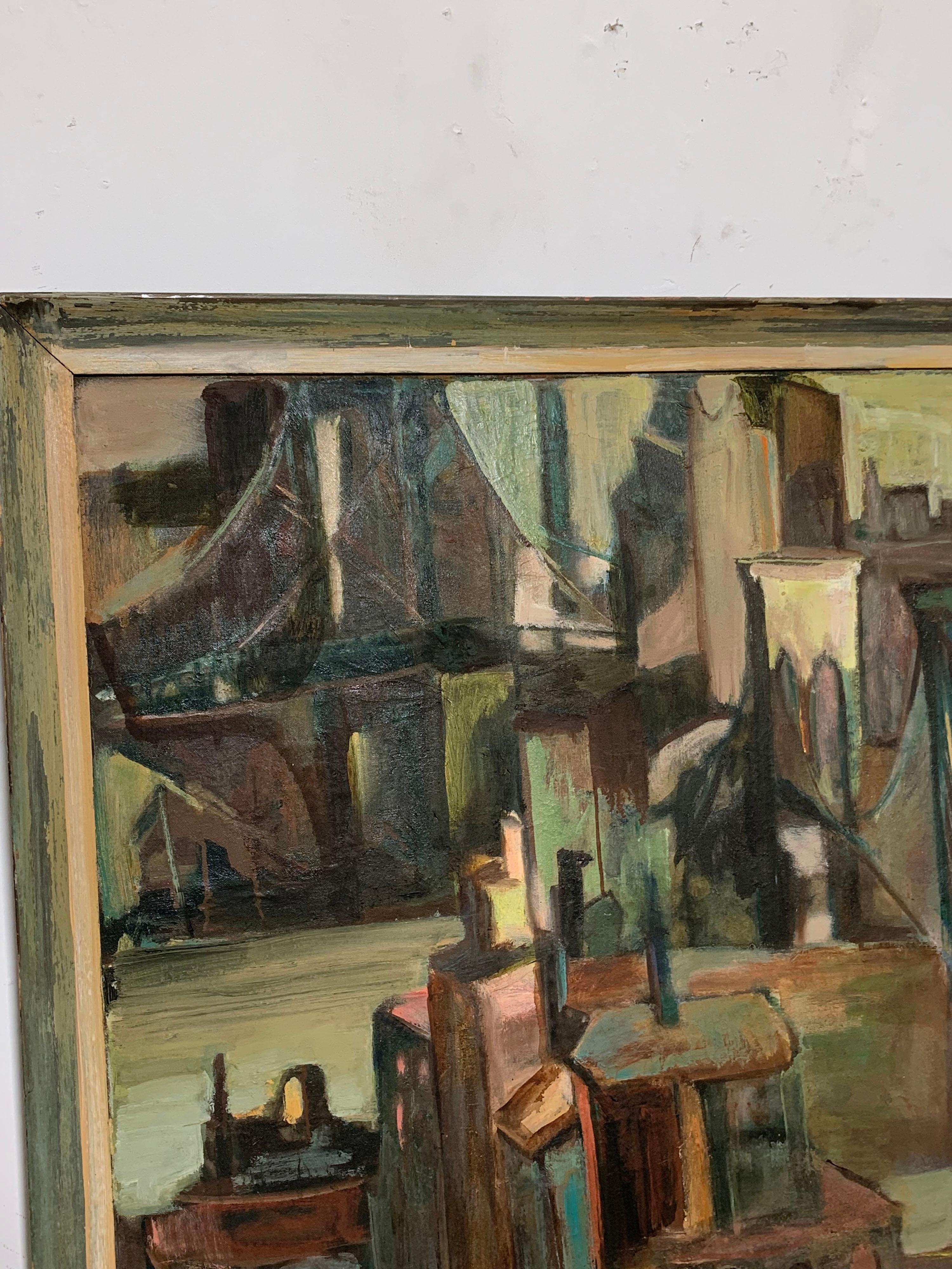 Mid-Century Modern Modernist New York Landscape Painting Signed B. Simmons, Dated 1957