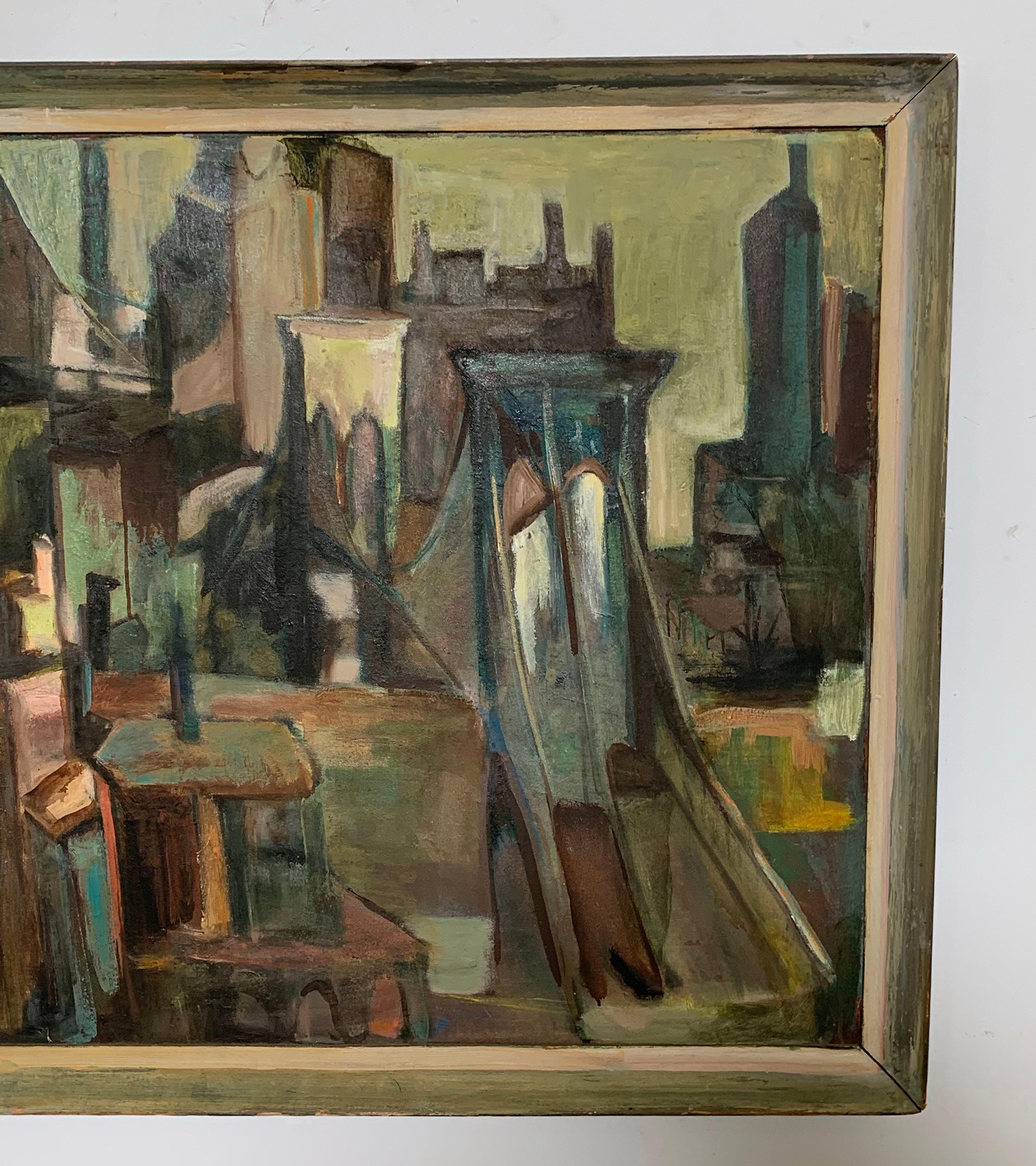 Modernist New York Landscape Painting Signed B. Simmons, Dated 1957 In Good Condition In Peabody, MA