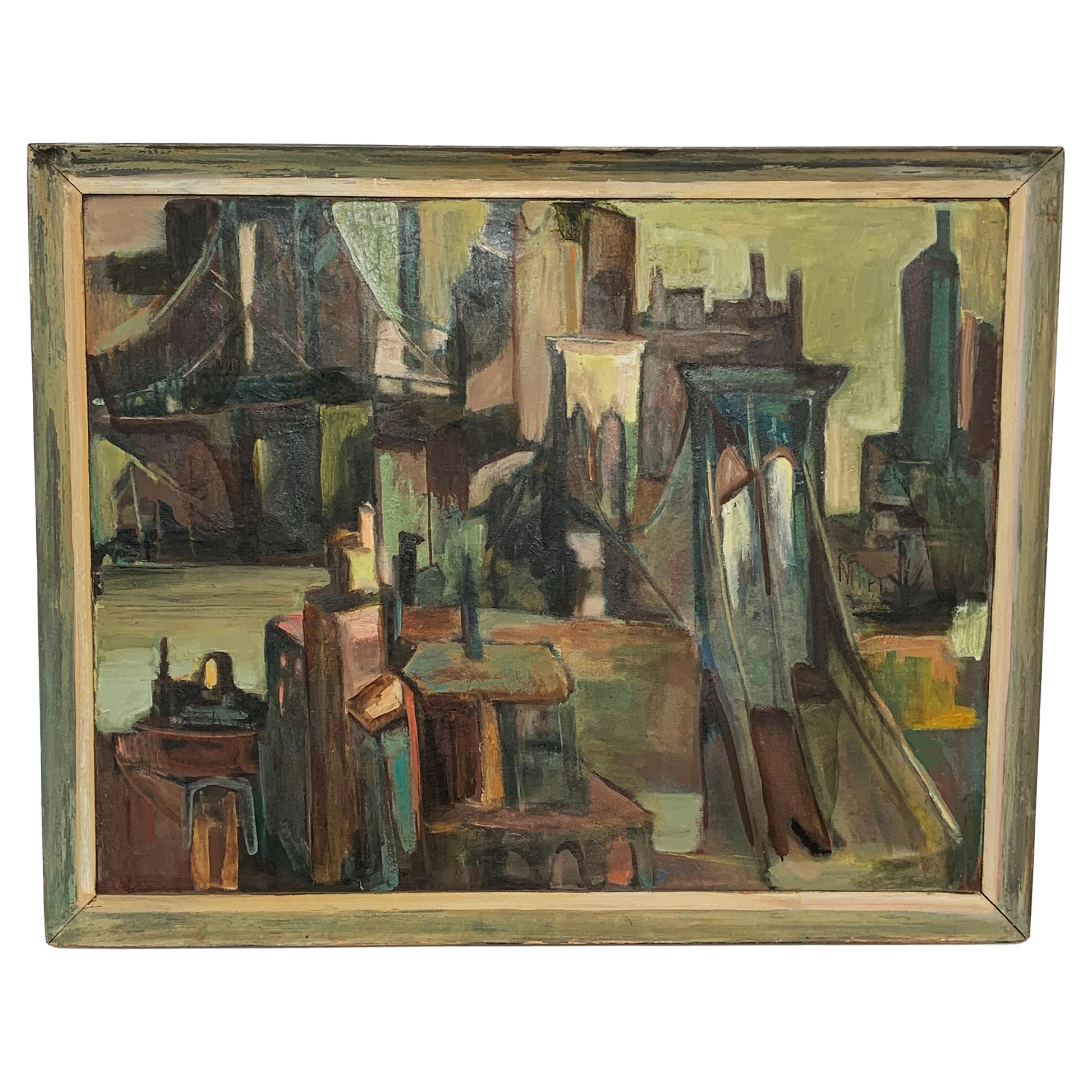 Modernist New York Landscape Painting Signed B. Simmons, Dated 1957