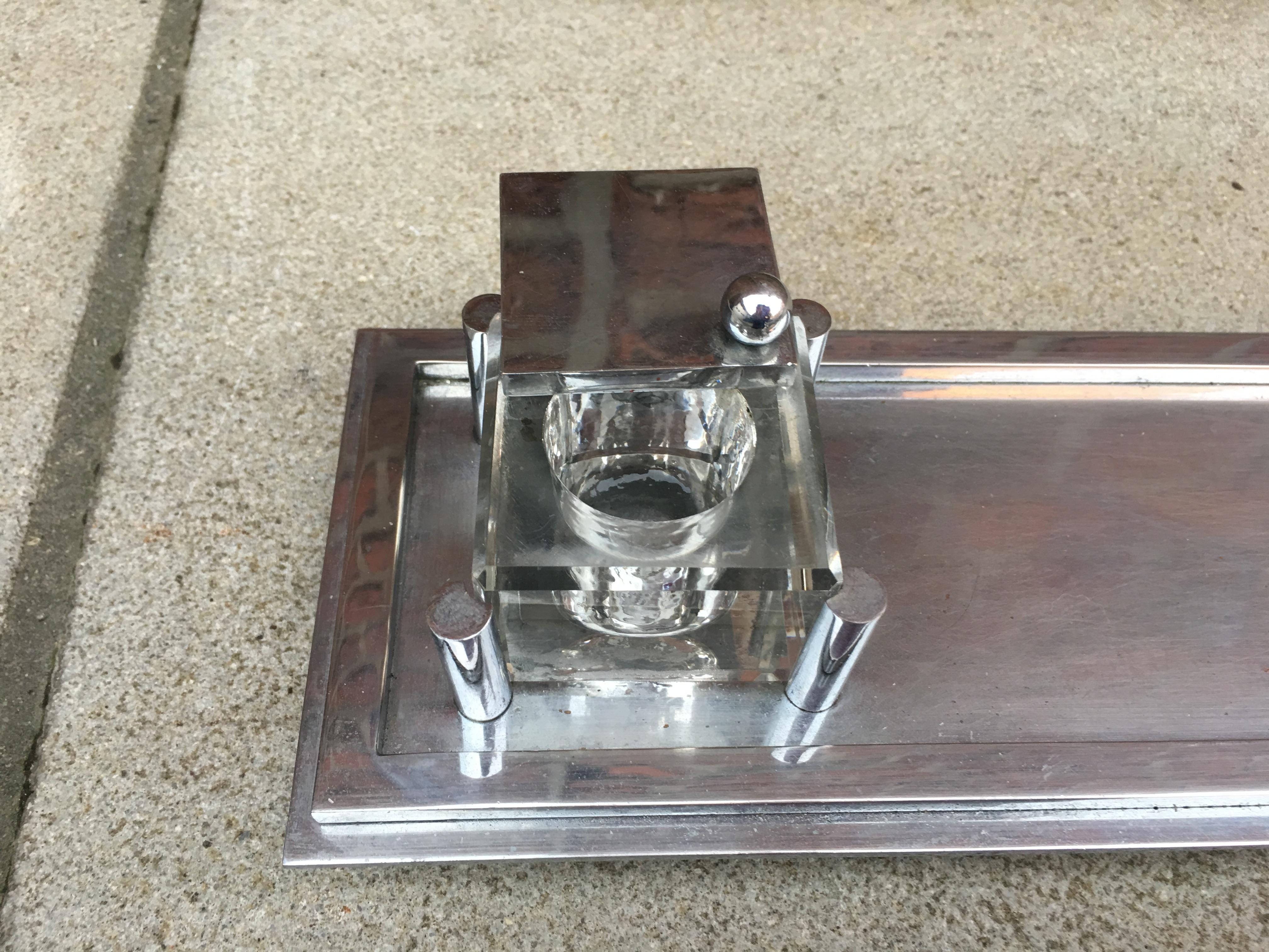 Modernist Nickel Bronze Art Deco Inkwell, Attributed to Jacques Adnet In Excellent Condition For Sale In Saint-Ouen, FR