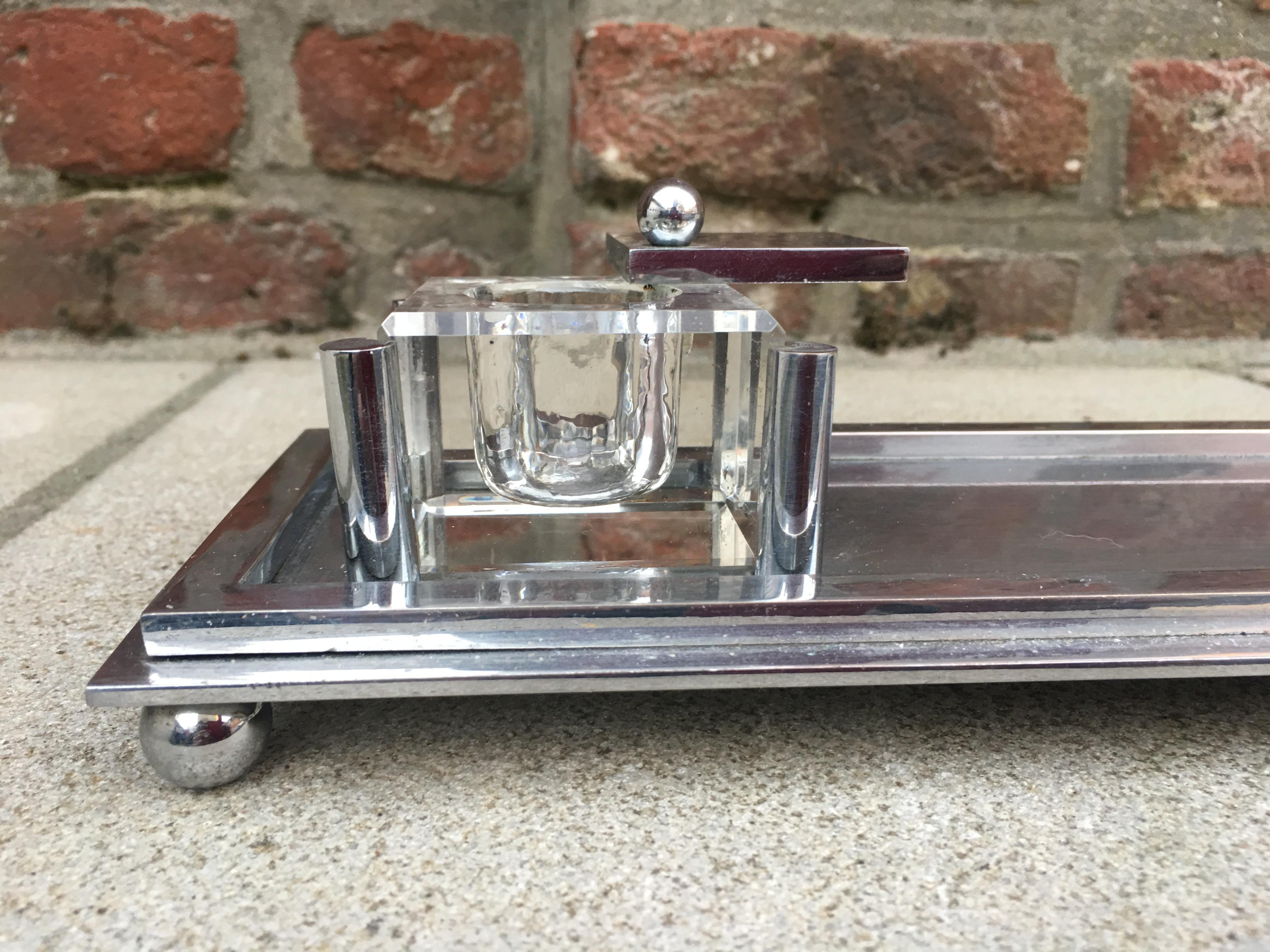 Modernist Nickel Bronze Art Deco Inkwell, Attributed to Jacques Adnet For Sale 3
