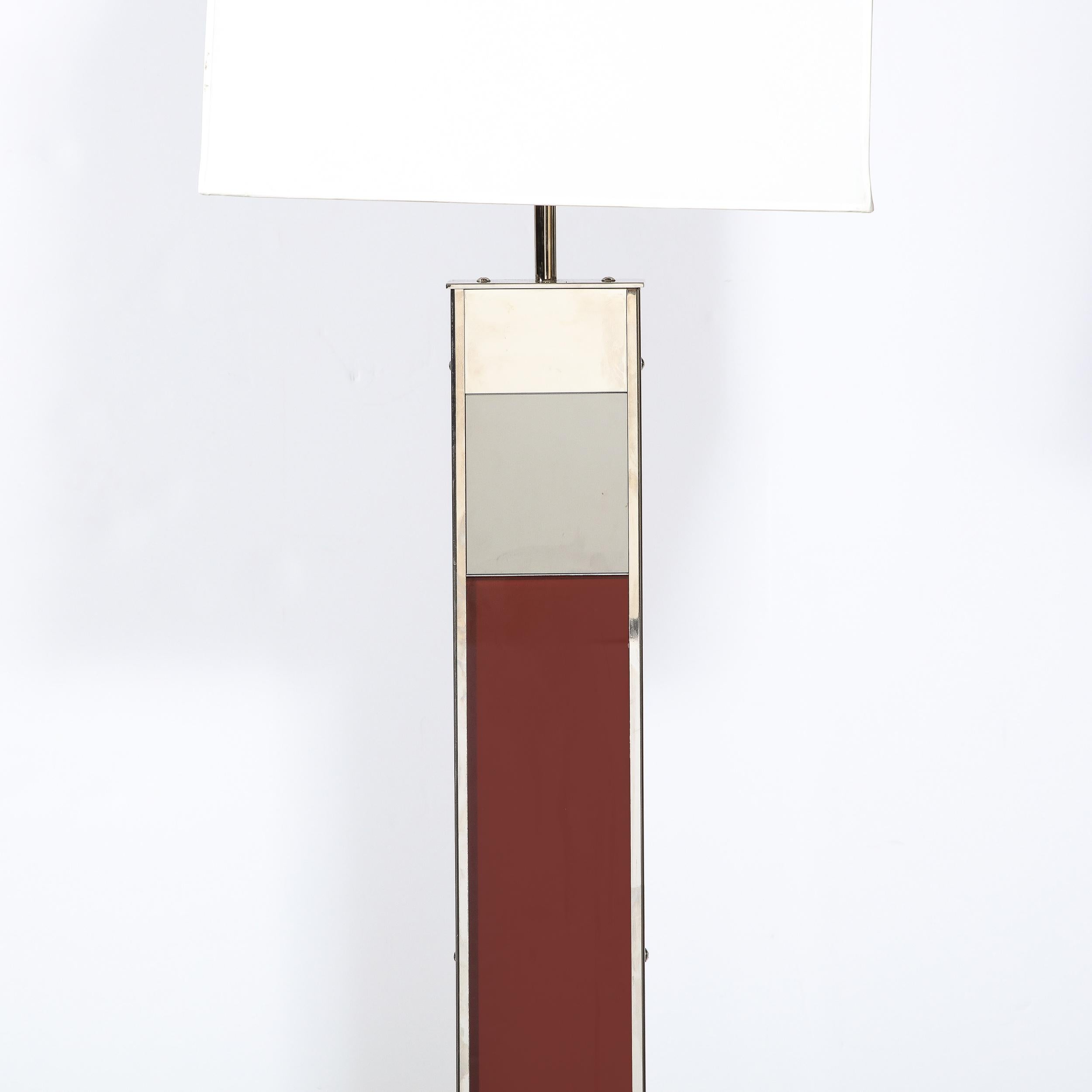 Modernist Nickel Floor Lamp with Stacked Oxblood, Umber, and Smoked Glass Body In Excellent Condition In New York, NY