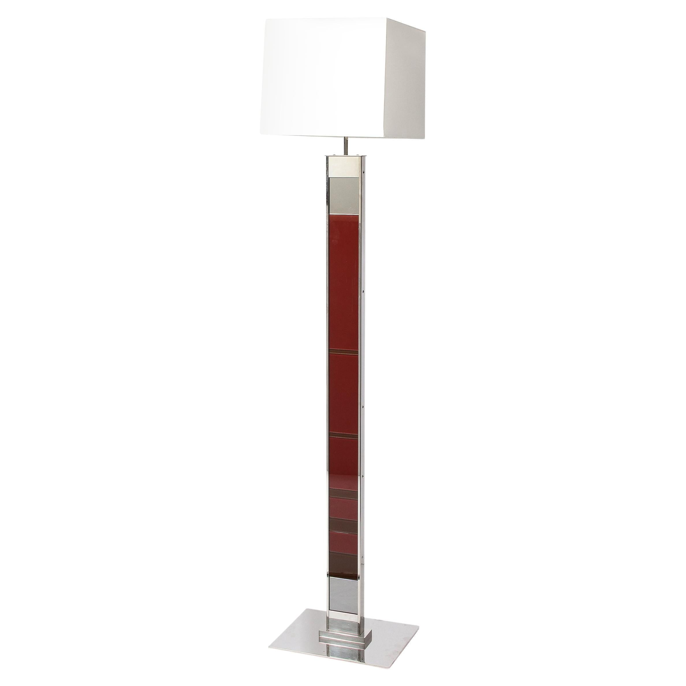 Modernist Nickel Floor Lamp with Stacked Oxblood, Umber, and Smoked Glass Body
