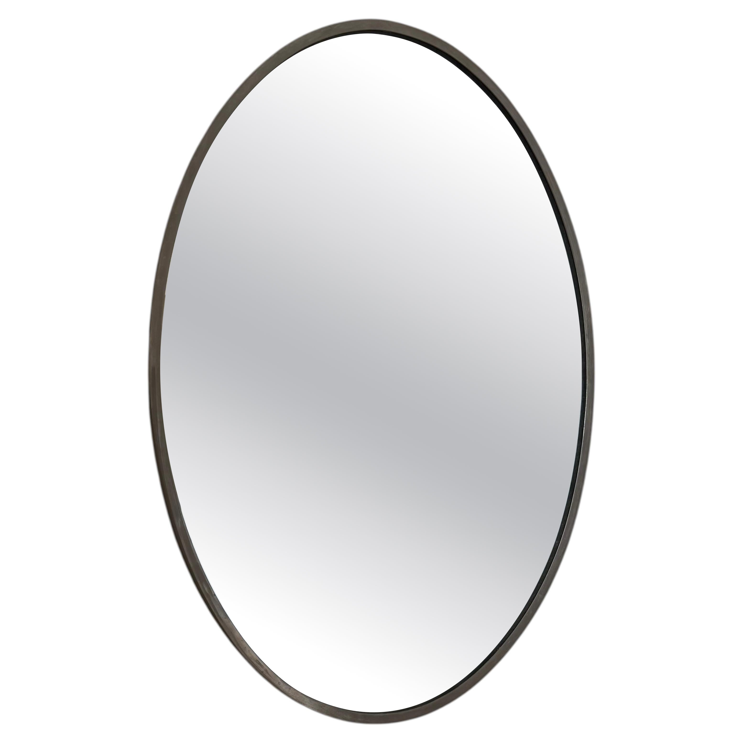 Art Deco Oval Mirror in Nickel and Brass, Jacques Adnet Style, c.1930