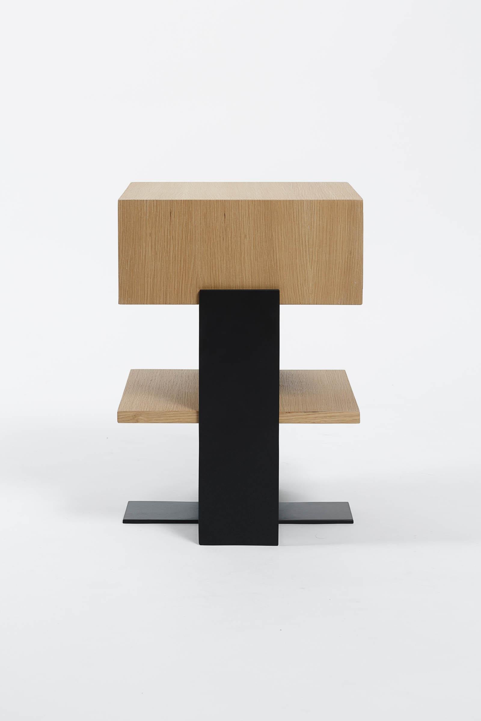 Steel Modernist Night Stand in Oak and black steel For Sale
