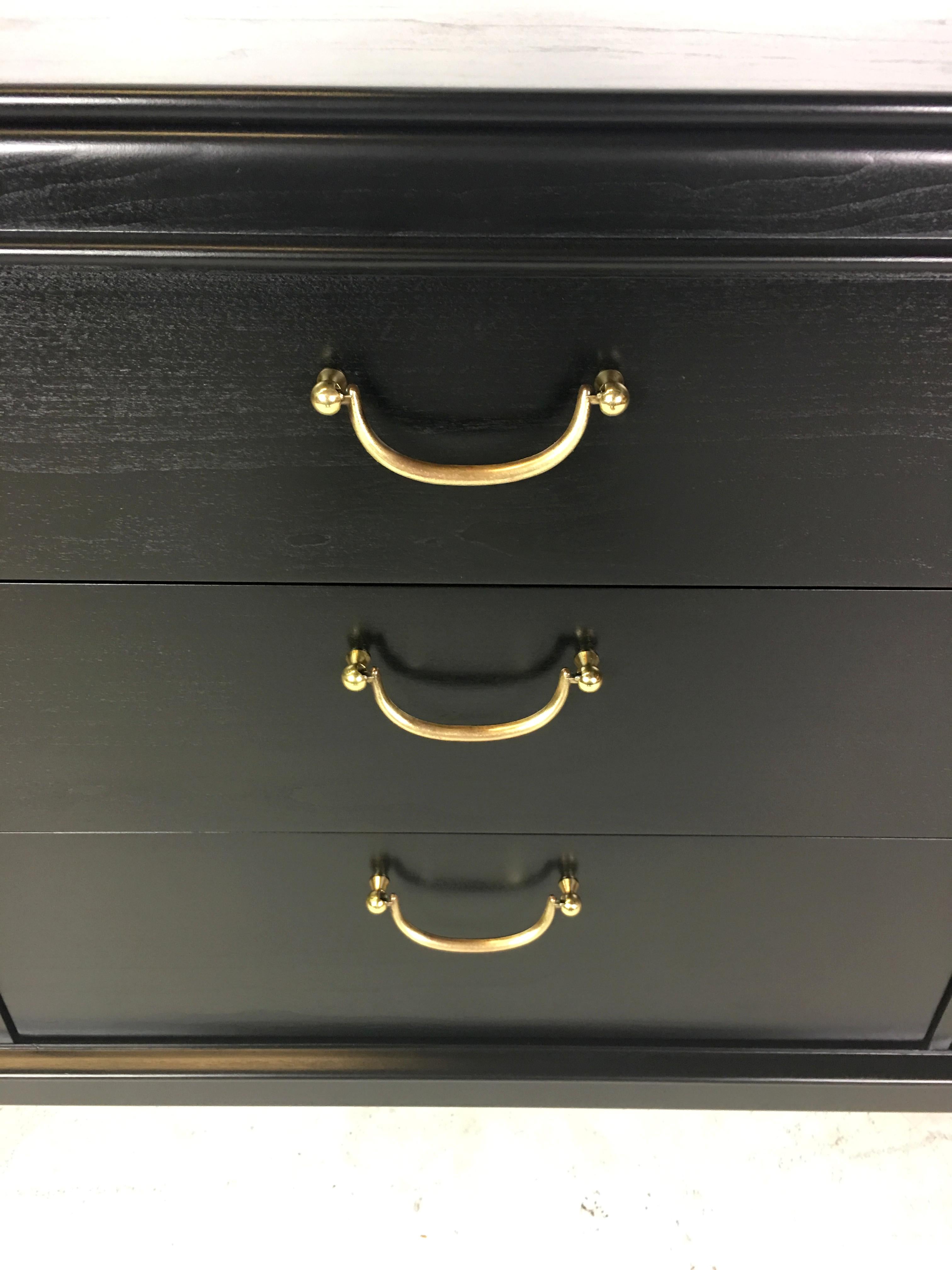 Brass NeoClassical Modern Nine-Drawer Ebonized Walnut Dresser 