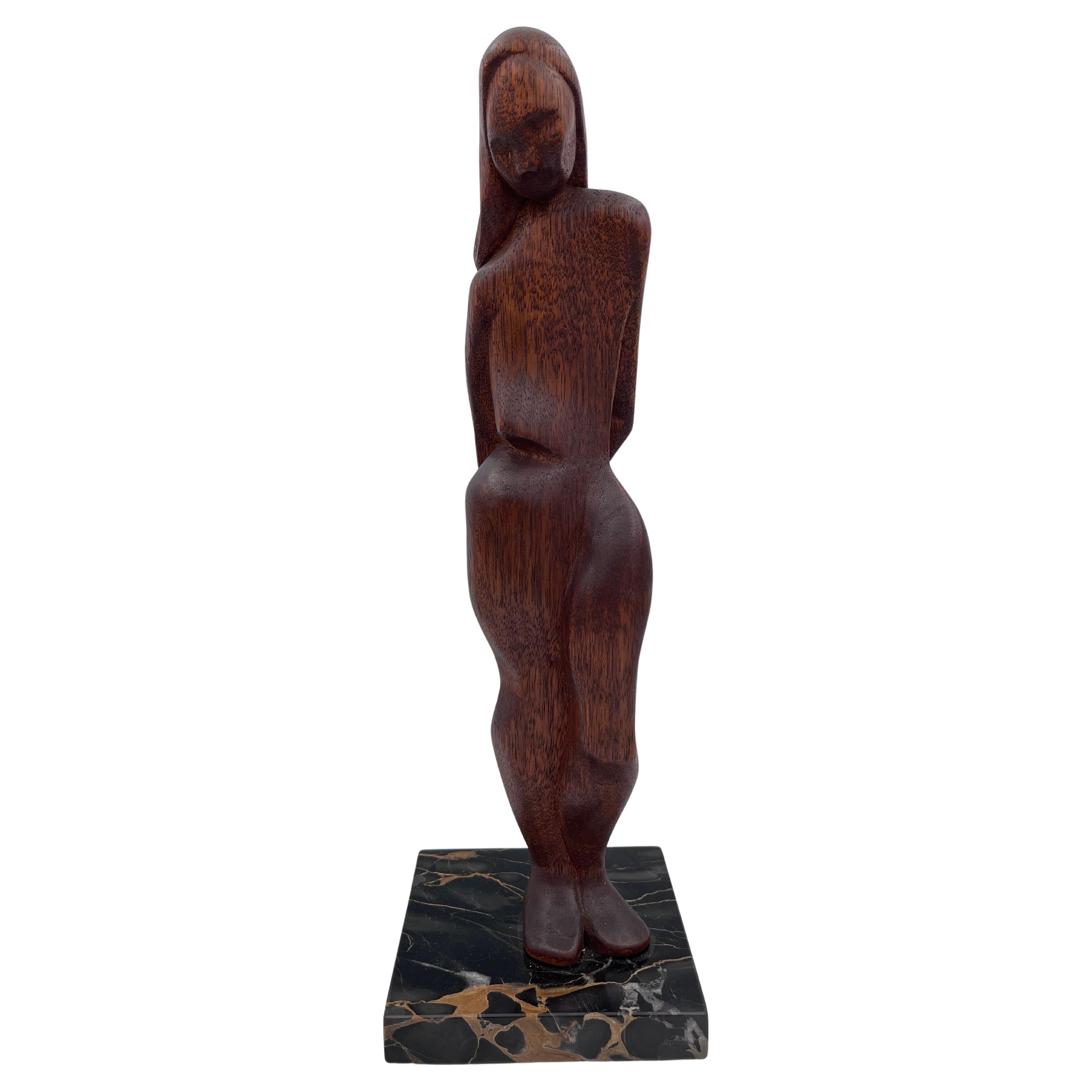 Modernist Nude Hand geschnitzt Holz & Marmor Skulptur Stil von Ferdinand Parpan