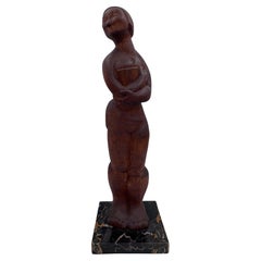 Modernist Nude Hand Carved Wood & Marble Sculpture Style of Ferdinand Parpan