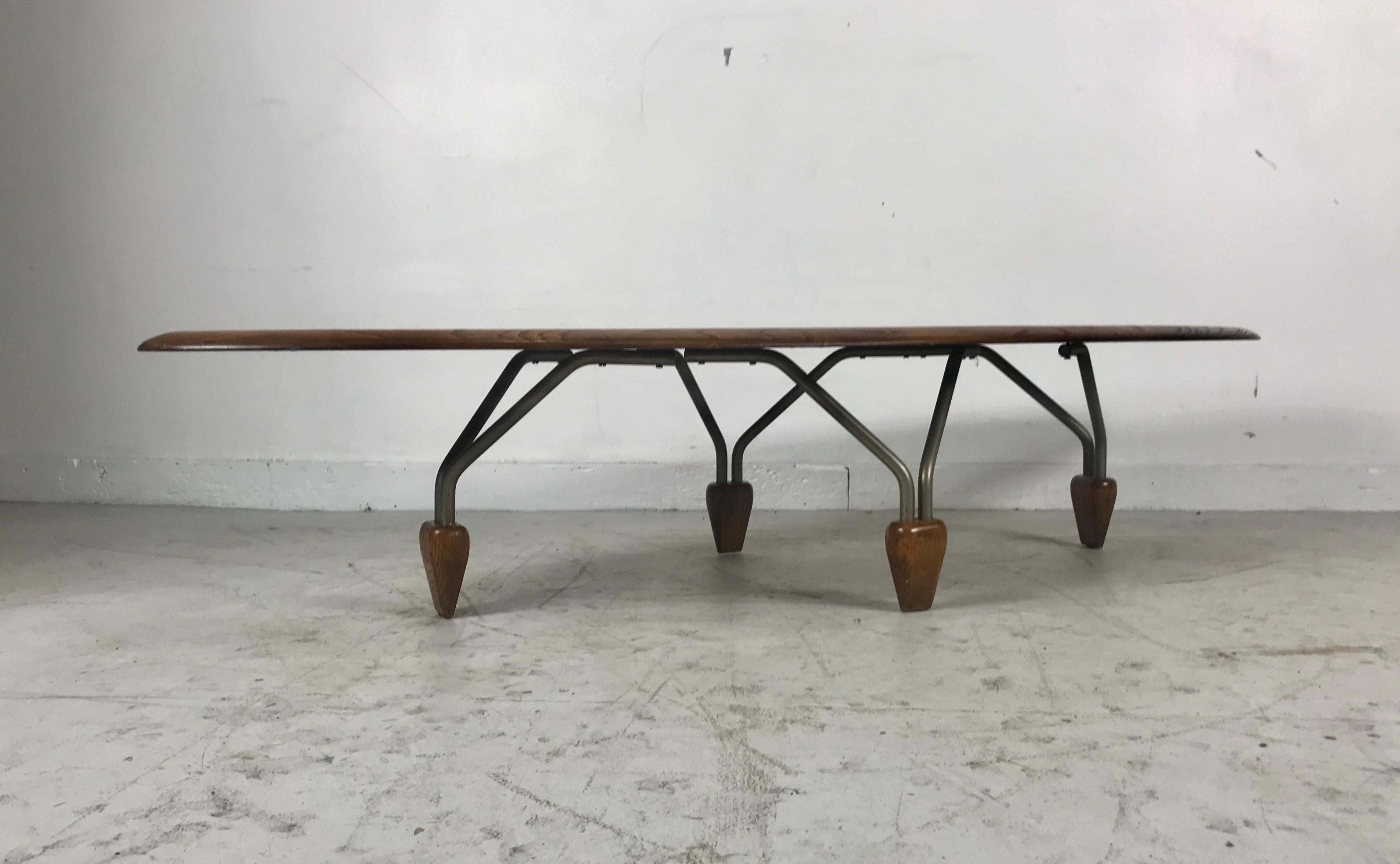 Modernist Oak and Aluminum Surfboard Coffee/Cocktail Table, John Keal Attributed 5
