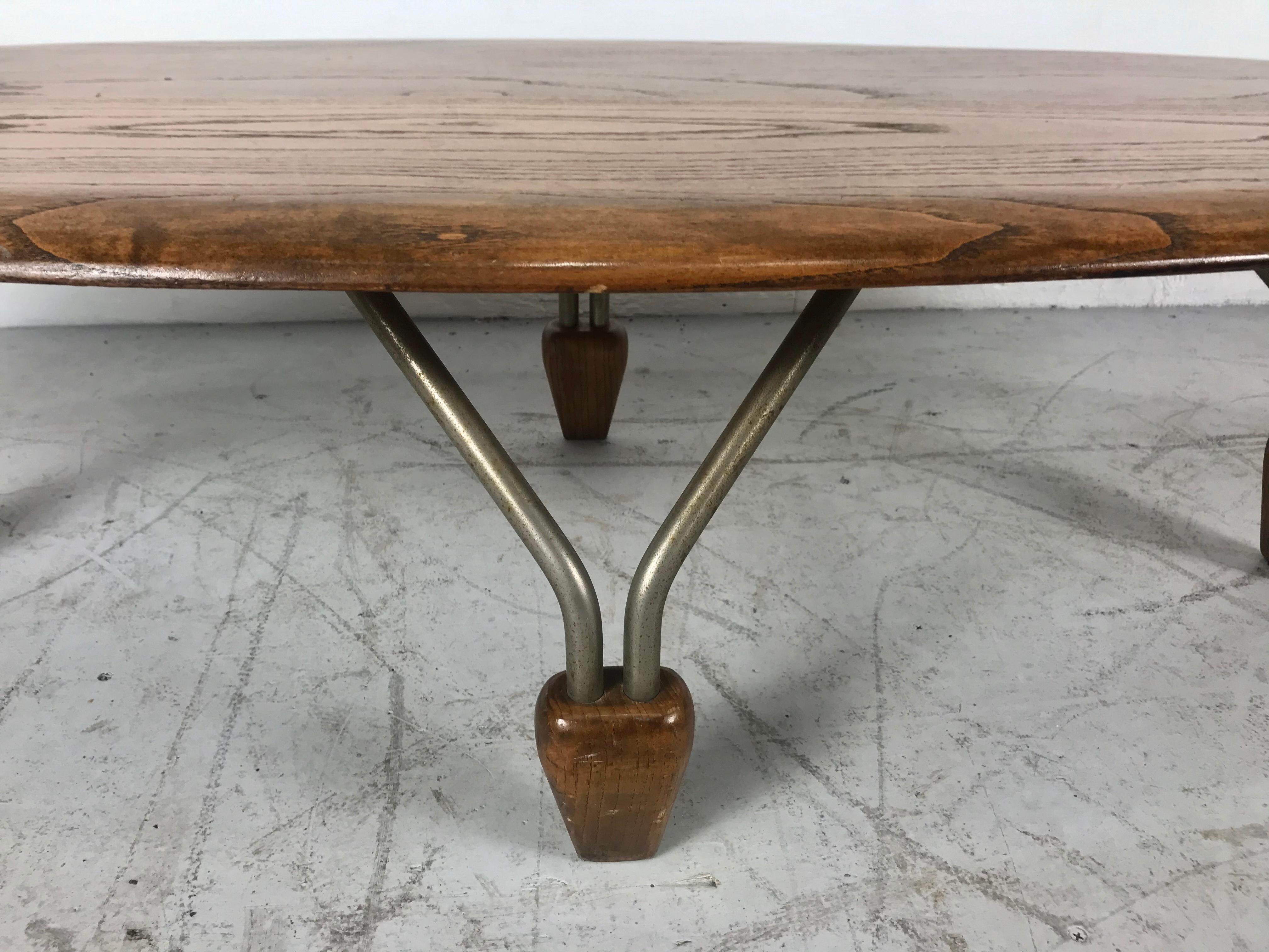 Mid-Century Modern Modernist Oak and Aluminum Surfboard Coffee/Cocktail Table, John Keal Attributed