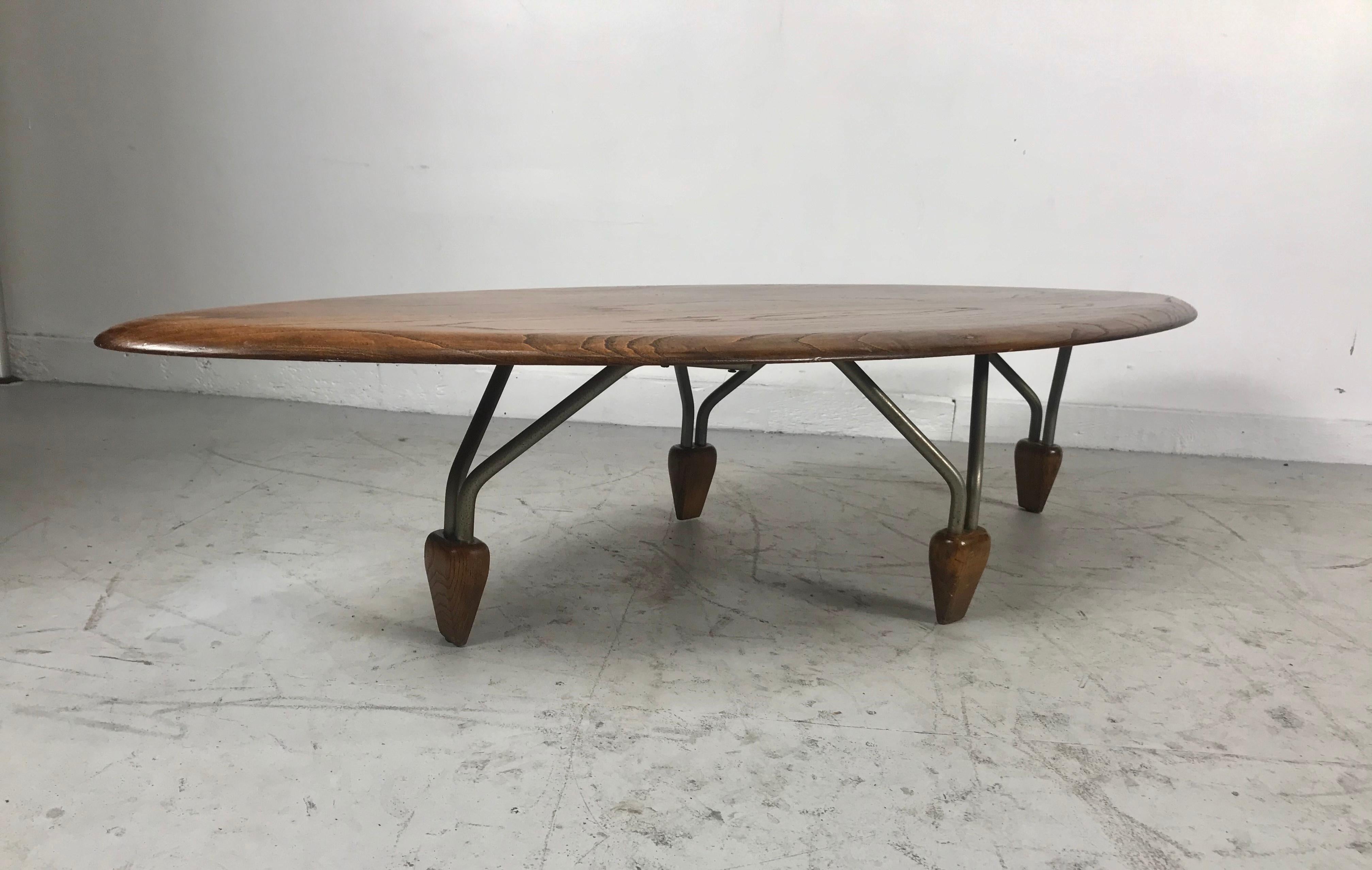 American Modernist Oak and Aluminum Surfboard Coffee/Cocktail Table, John Keal Attributed