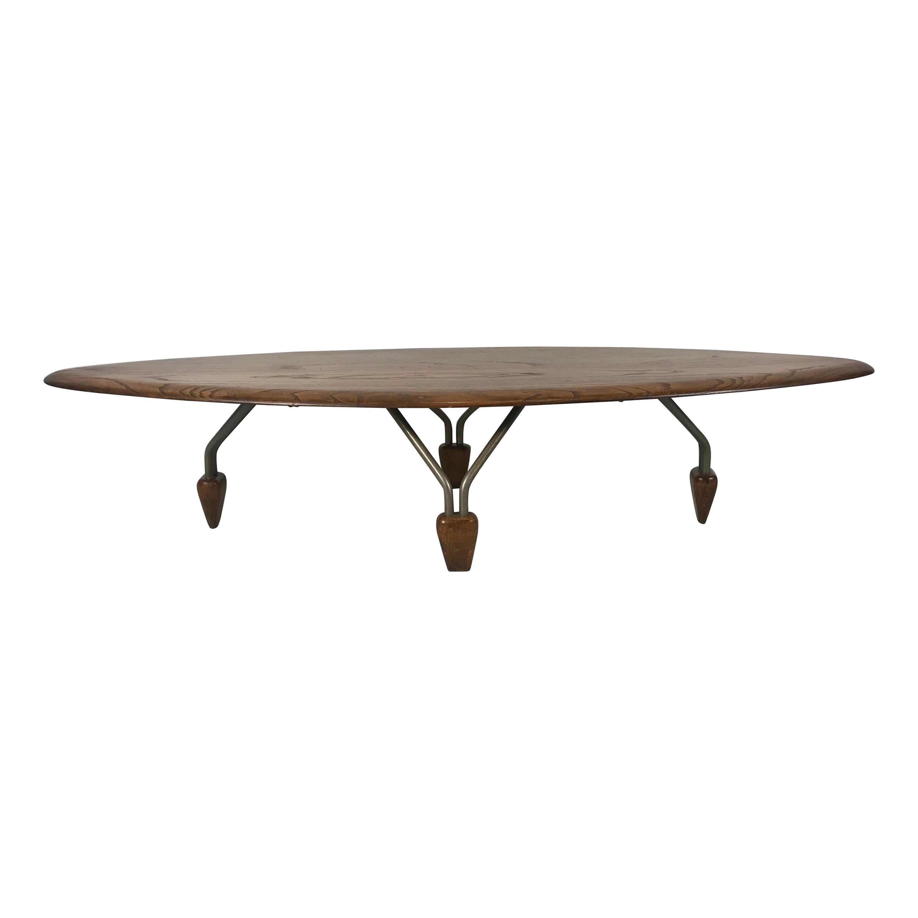 Modernist Oak and Aluminum Surfboard Coffee/Cocktail Table, John Keal Attributed