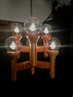 Modernist Oak and Glass Chandelier