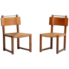 Modernist Oak and Rush Side Chairs, Czechoslovakia, circa 1930