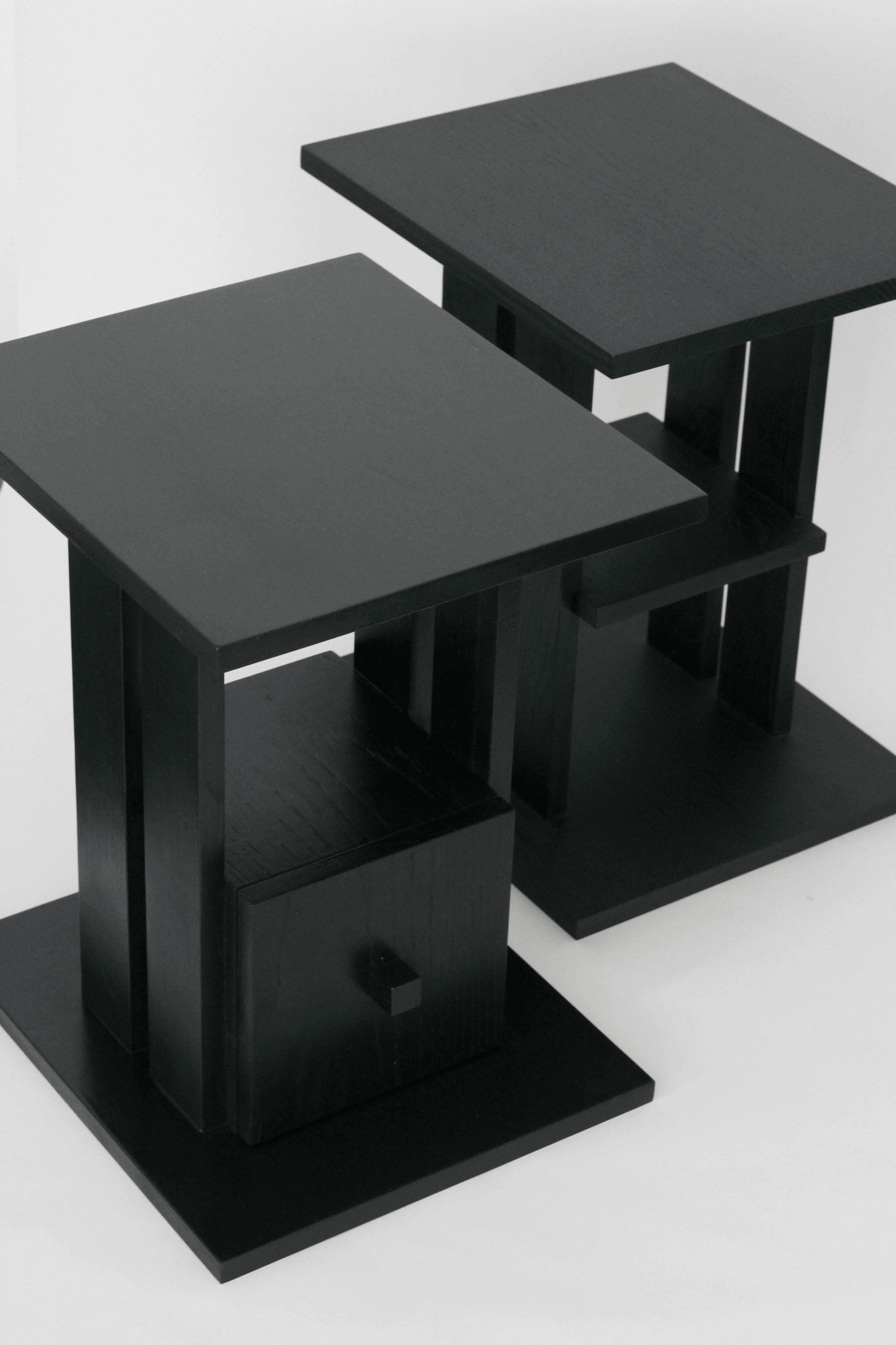 Modernist Oak Side Table with Drawer, Black Lacquer, 2024  For Sale 1