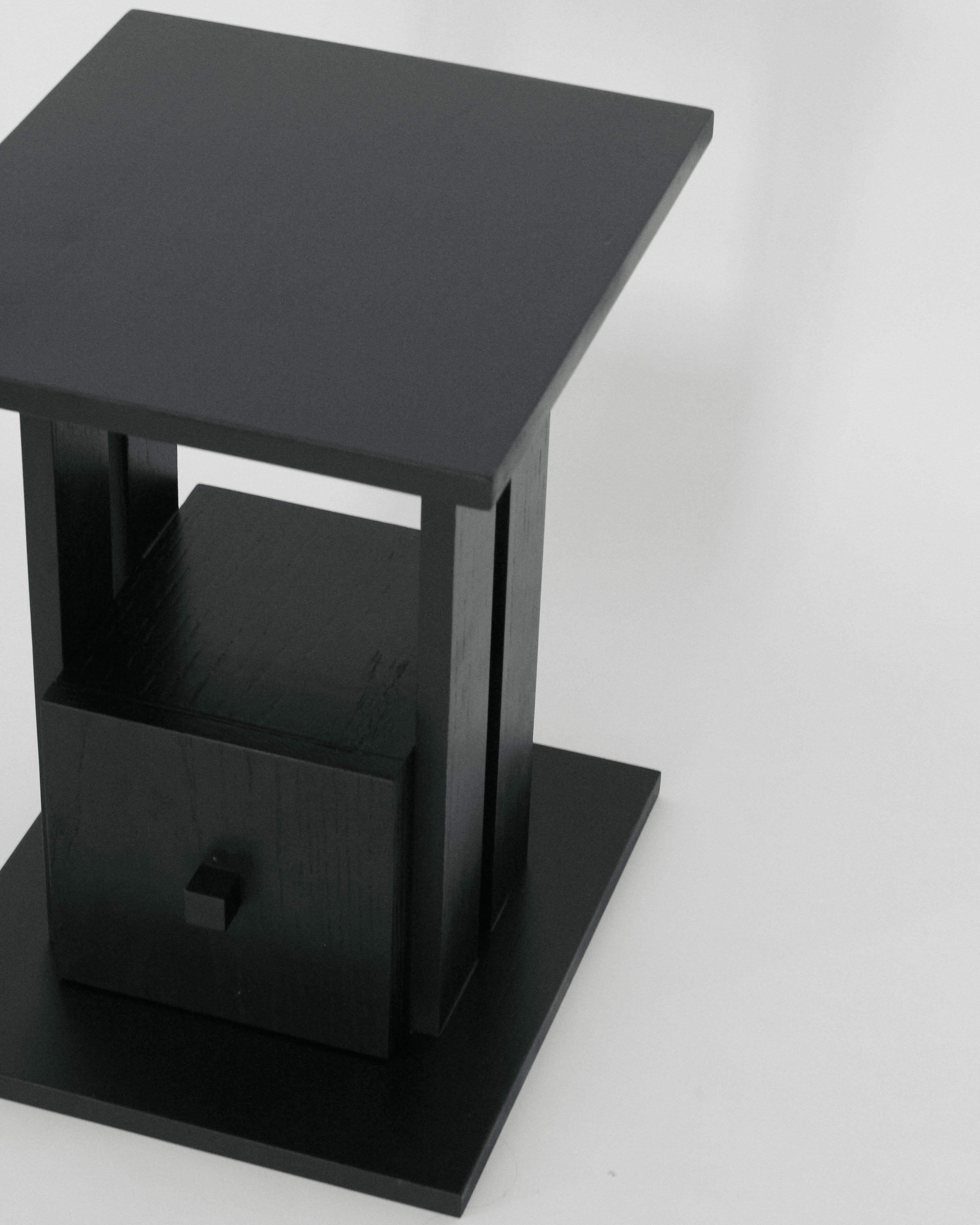 American Modernist Oak Table with Drawer in Black Lacquer finish, NIght Stand, Side Table For Sale