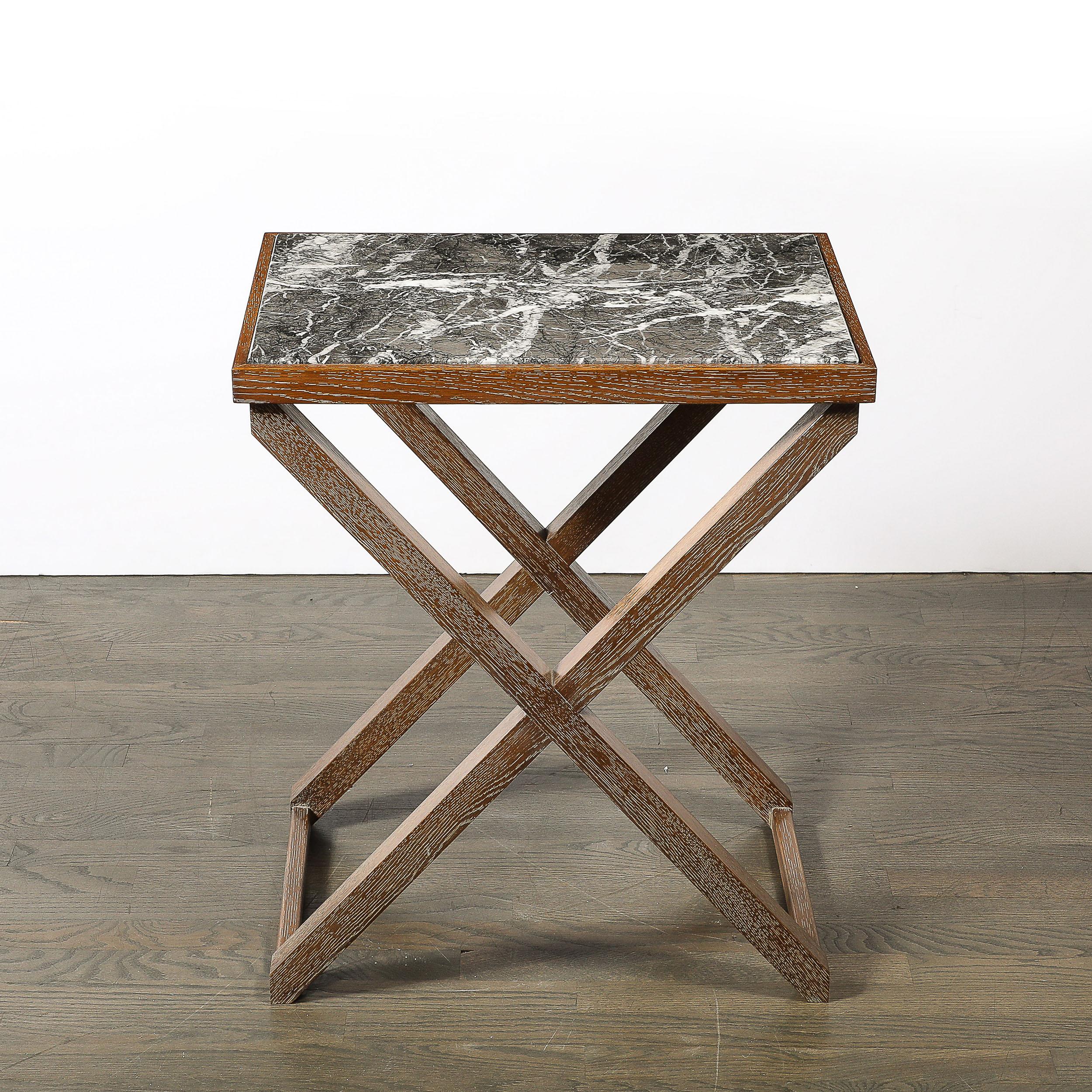 Modernist Oak X Base Side Table W/ Marble Inlayed Top by Mattaliano For Sale 5