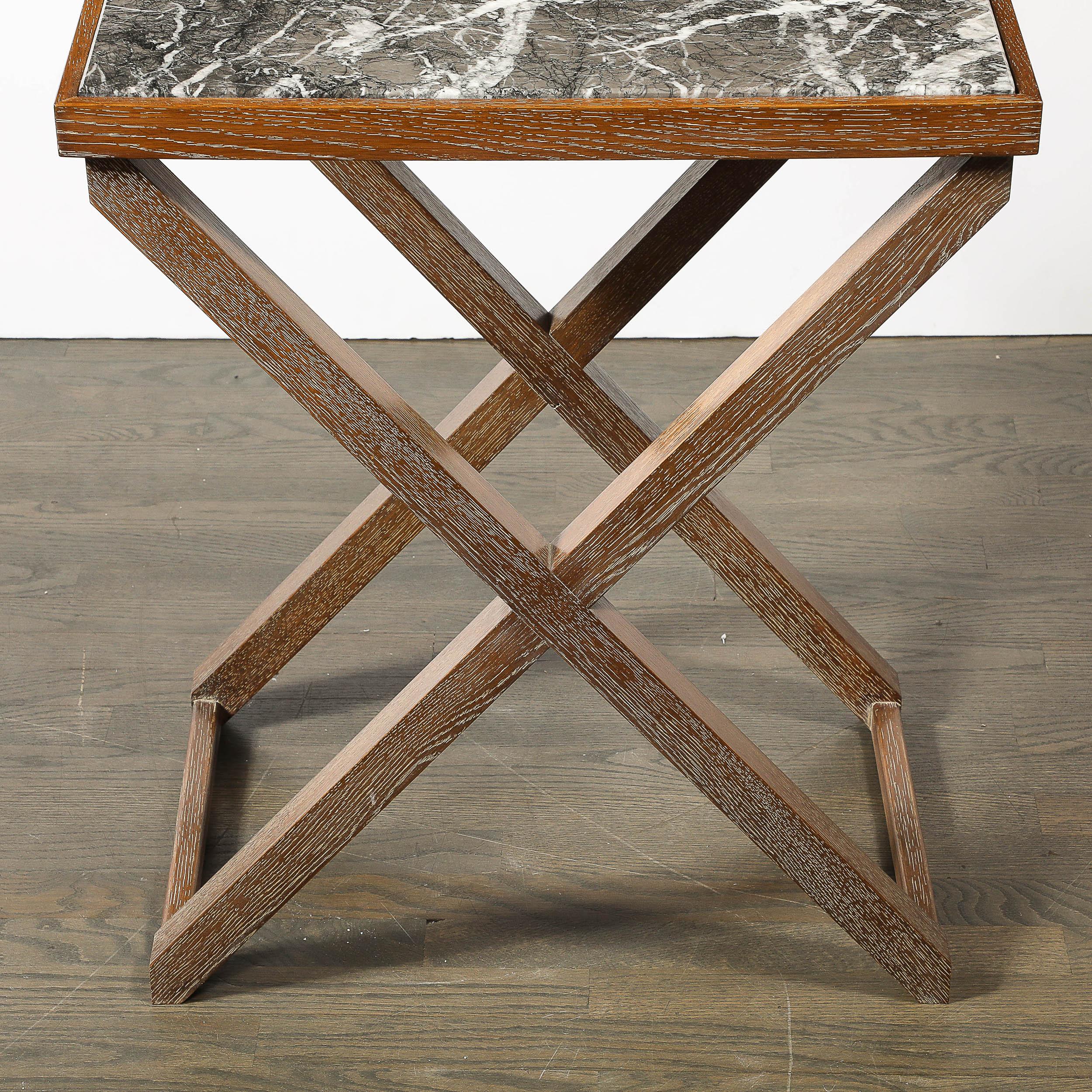 Modernist Oak X Base Side Table W/ Marble Inlayed Top by Mattaliano For Sale 6