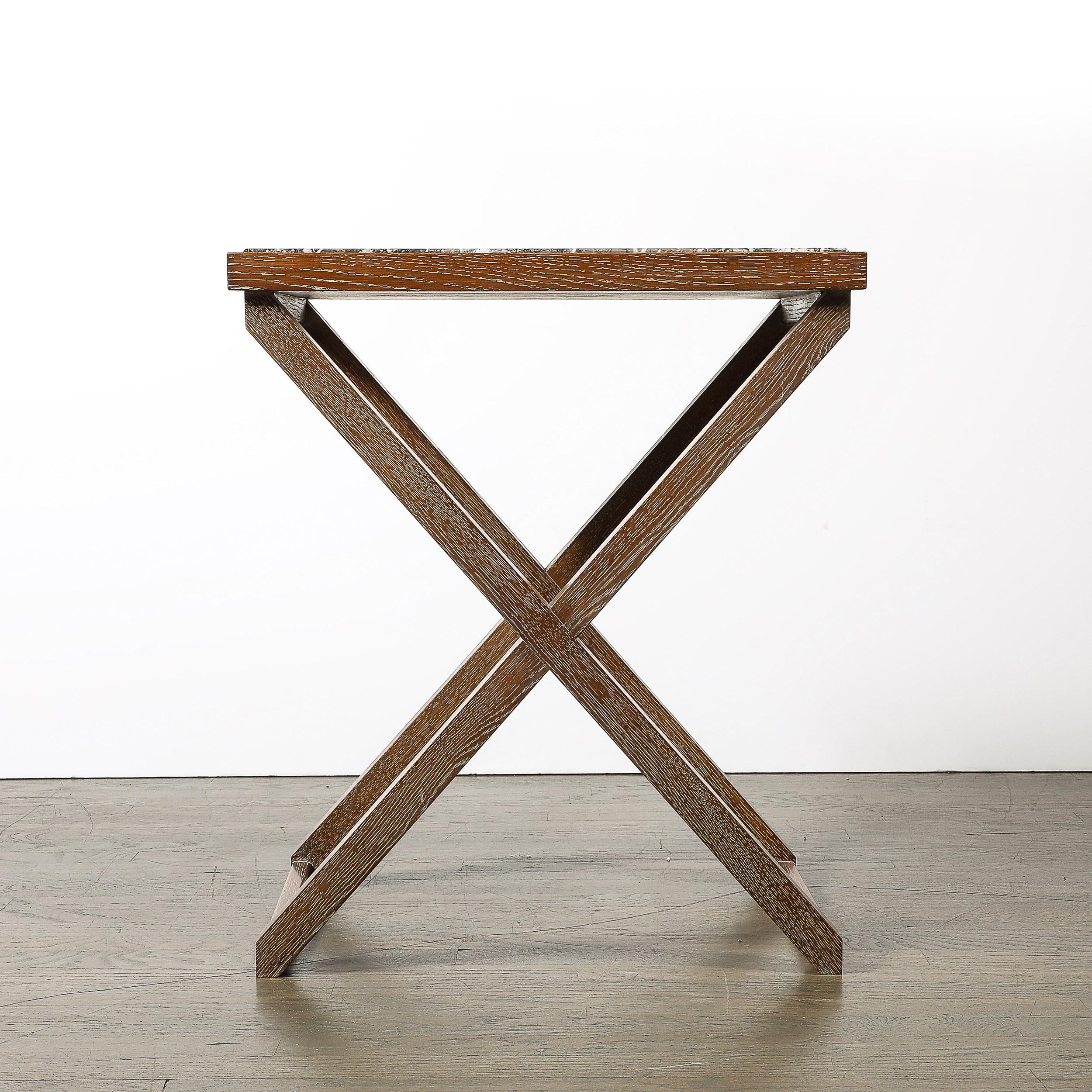 Modernist Oak X Base Side Table W/ Marble Inlayed Top by Mattaliano For Sale 9