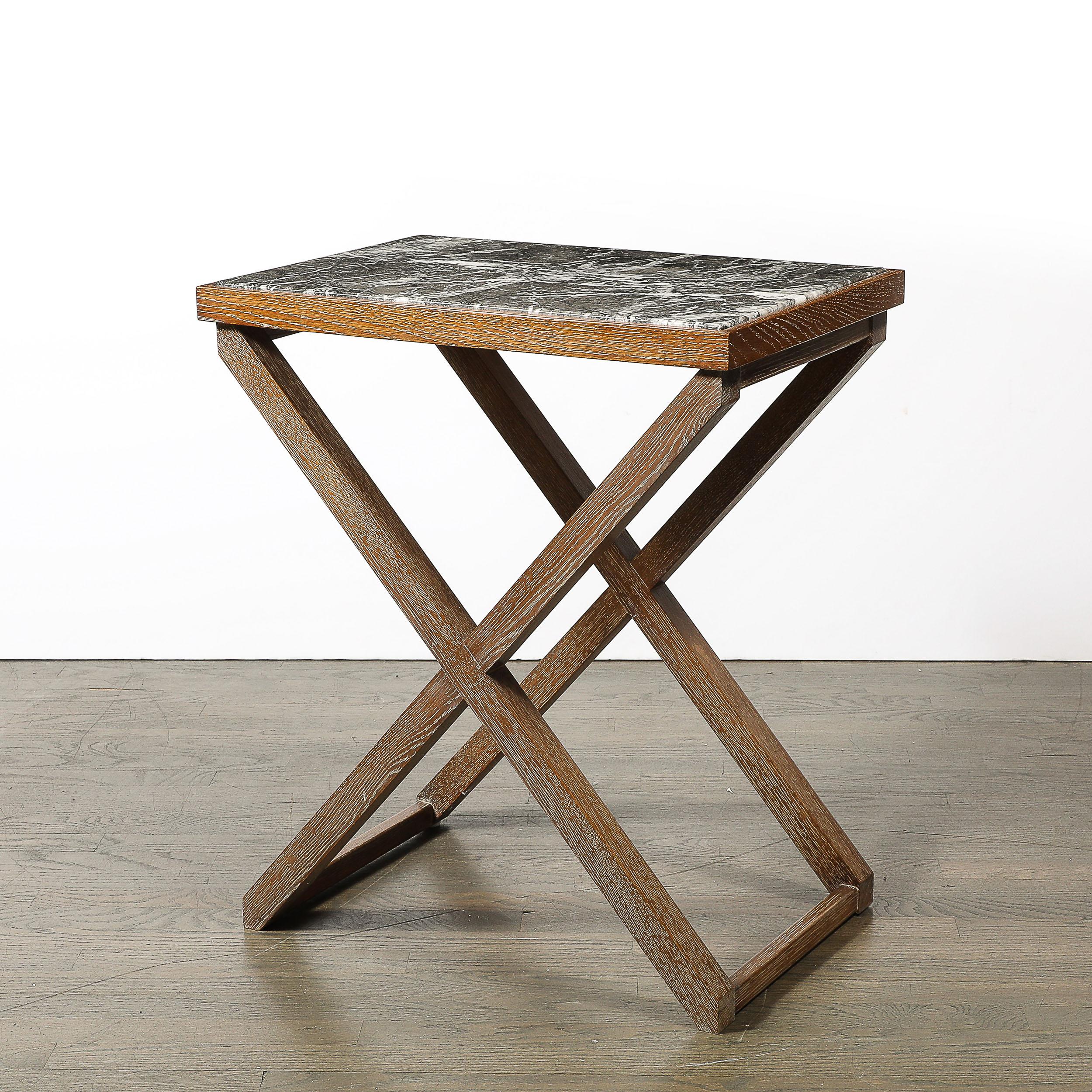 Modernist Oak X Base Side Table W/ Marble Inlayed Top by Mattaliano For Sale 10