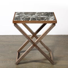 Modernist Oak X Base Side Table W/ Marble Inlayed Top by Mattaliano