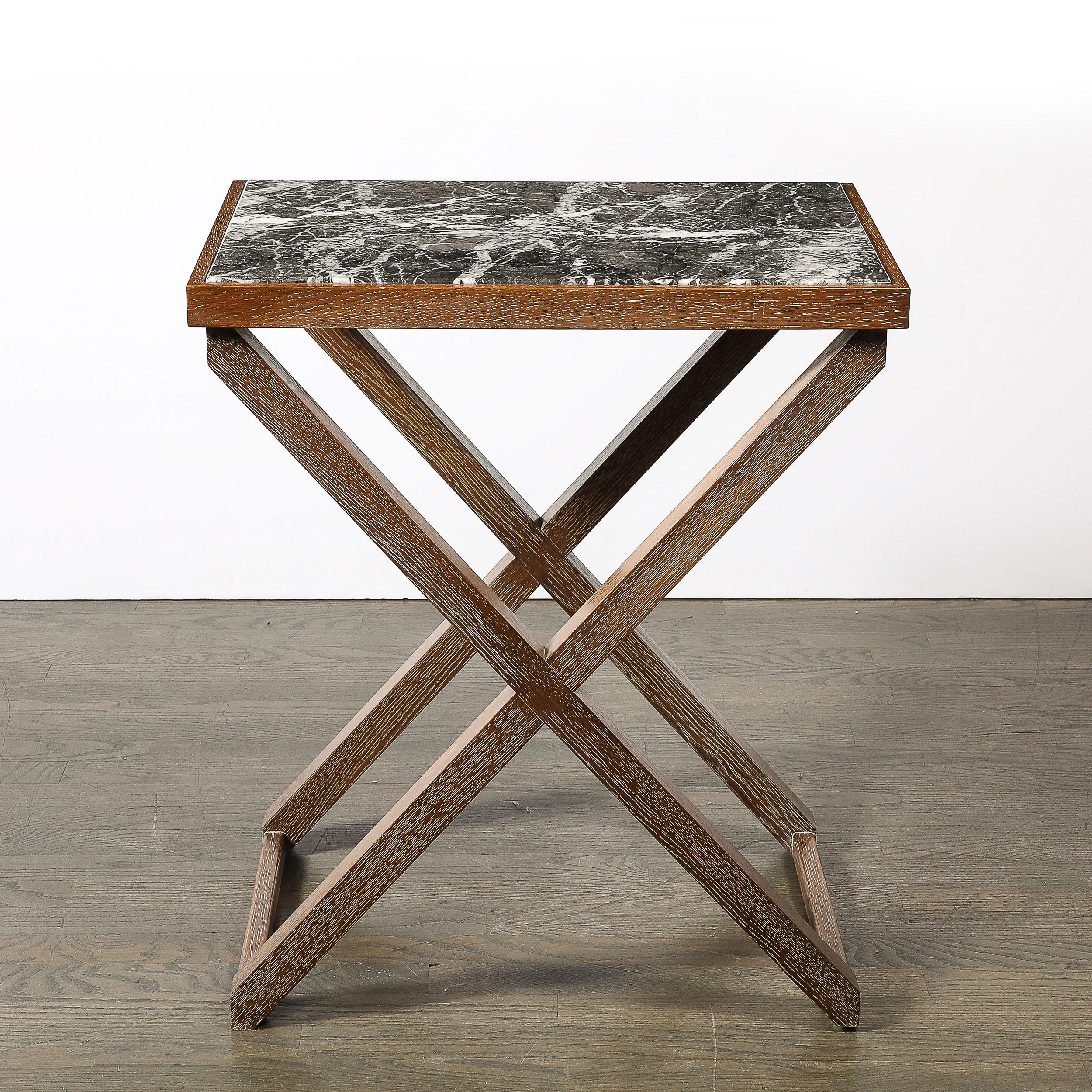 American Modernist Oak X Base Side Table W/ Marble Inlayed Top by Mattaliano For Sale