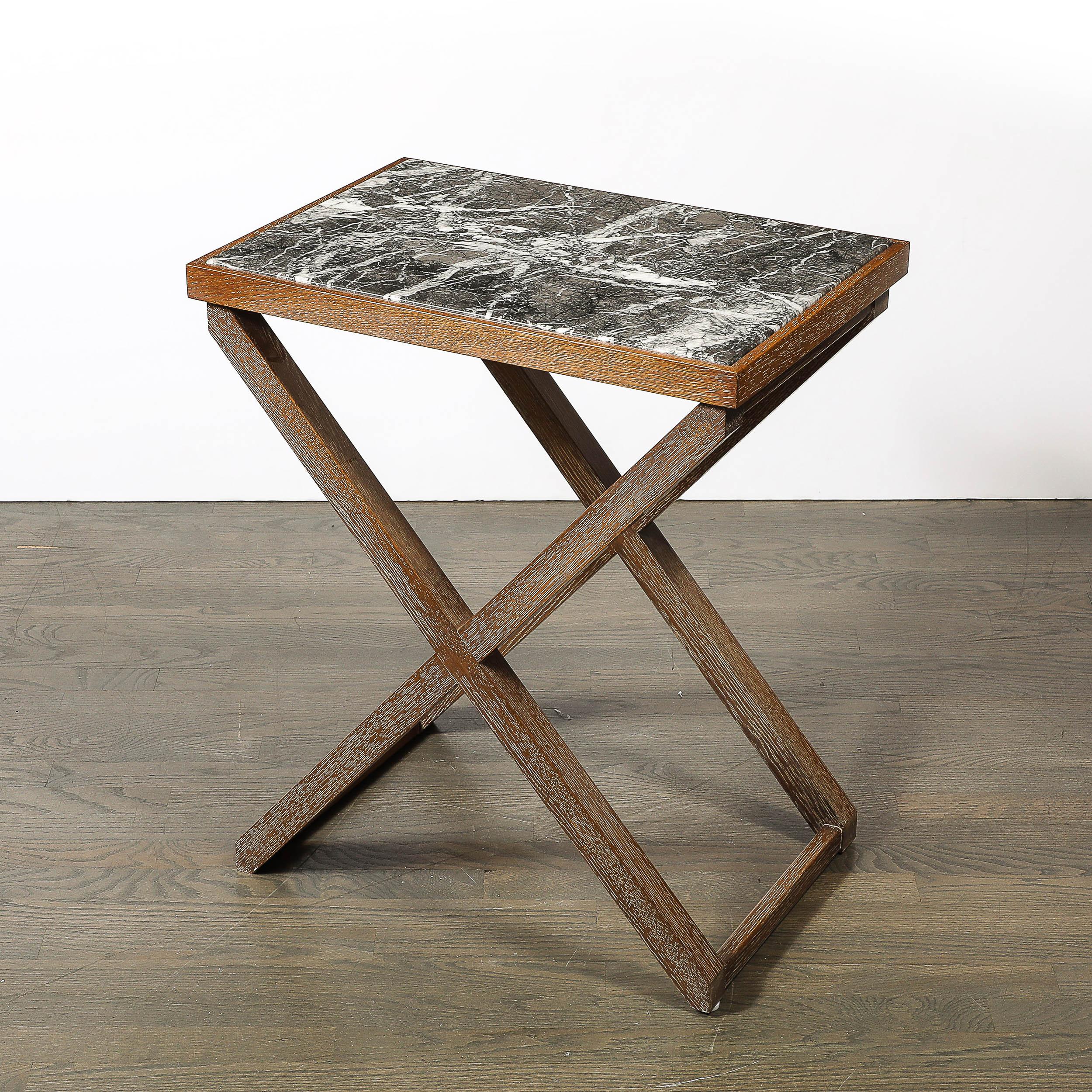 Modernist Oak X Base Side Table W/ Marble Inlayed Top by Mattaliano In Excellent Condition For Sale In New York, NY