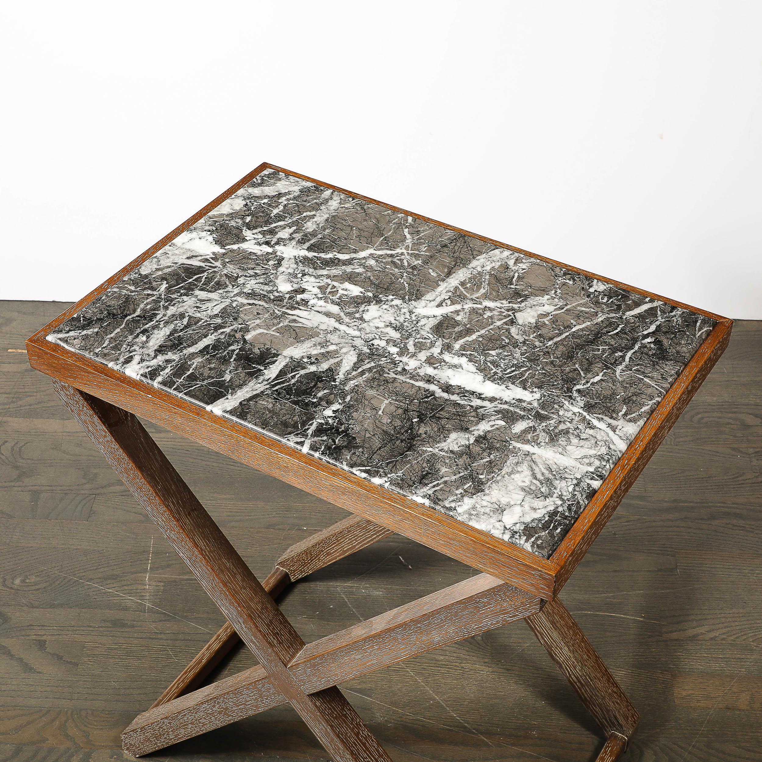 20th Century Modernist Oak X Base Side Table W/ Marble Inlayed Top by Mattaliano For Sale