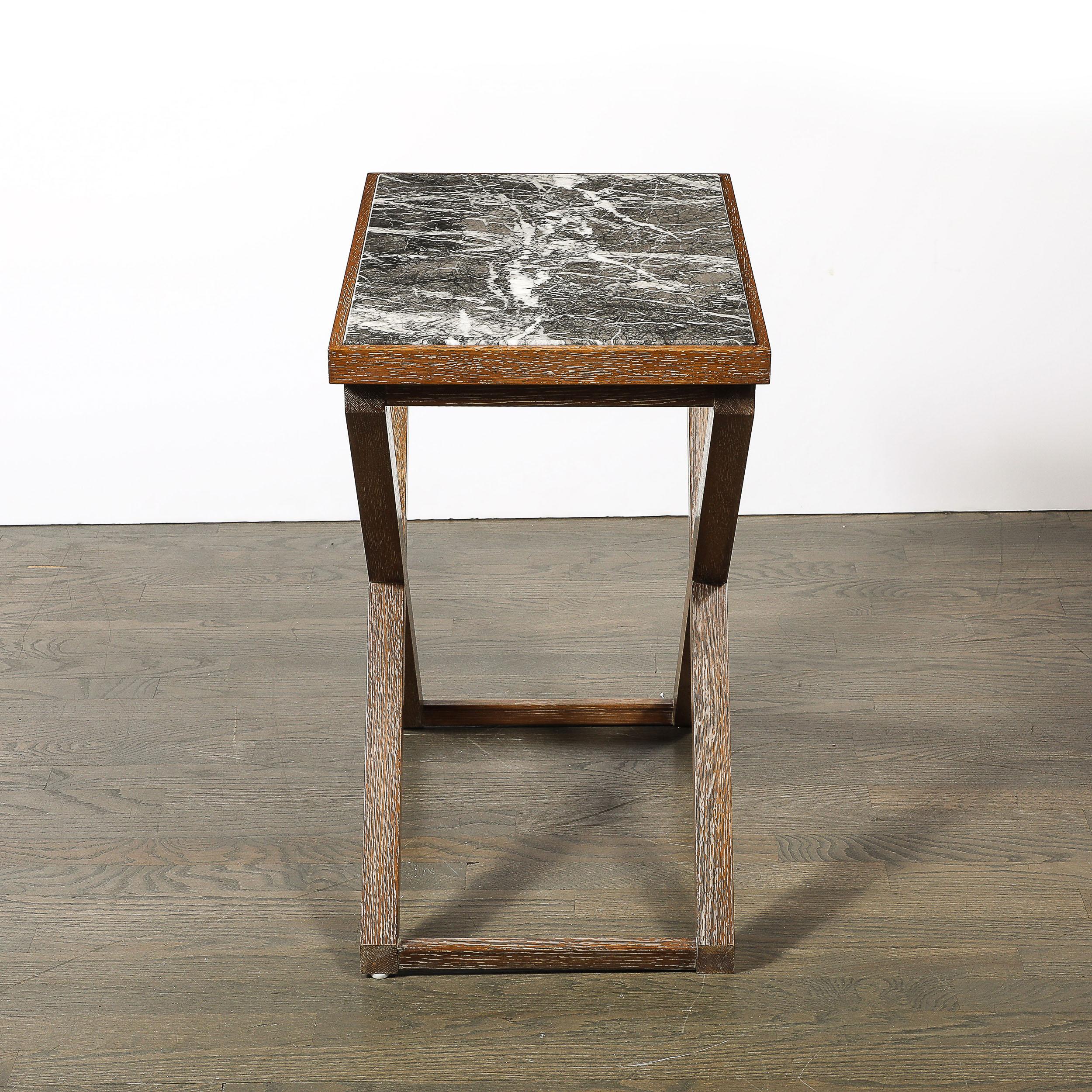 Modernist Oak X Base Side Table W/ Marble Inlayed Top by Mattaliano For Sale 2