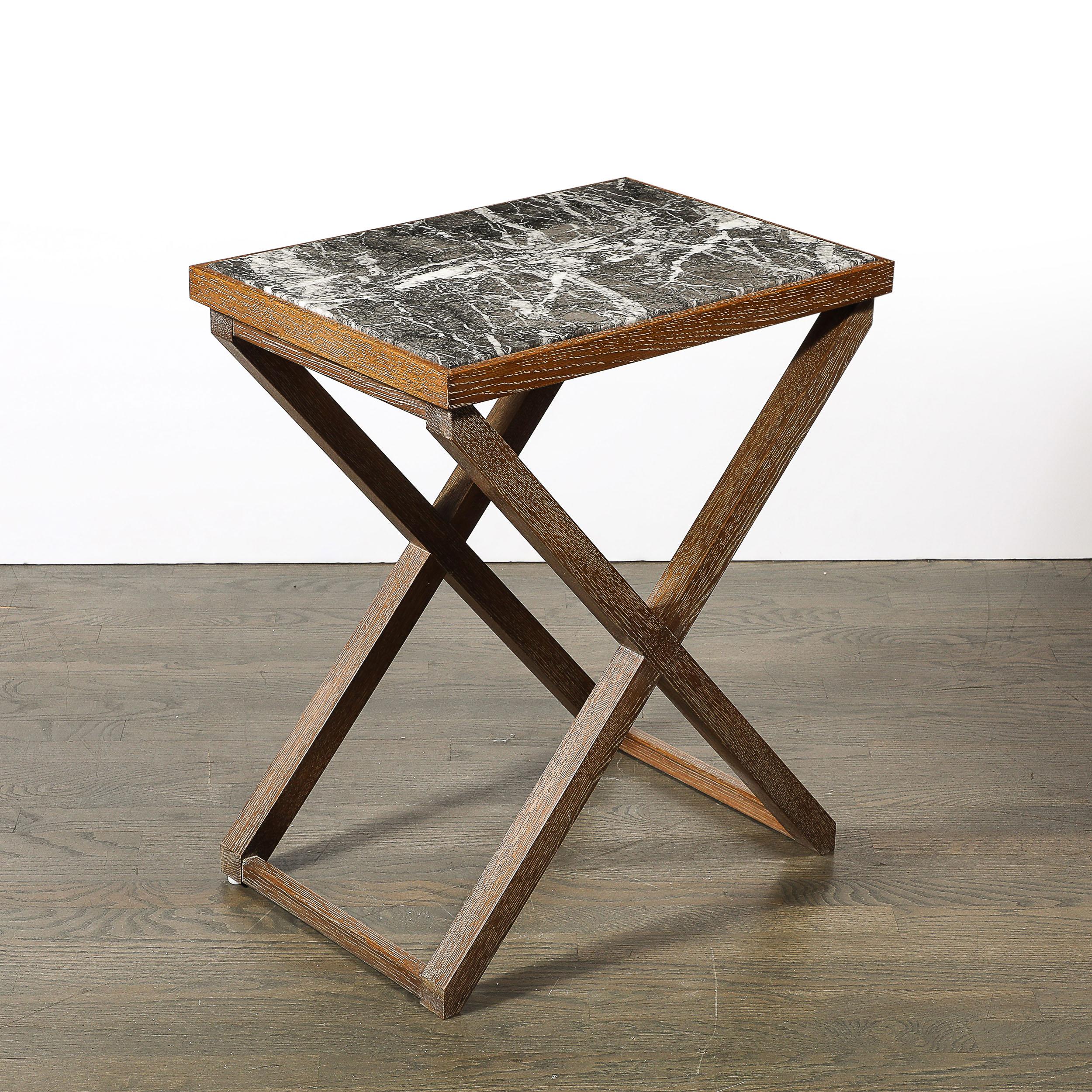 Modernist Oak X Base Side Table W/ Marble Inlayed Top by Mattaliano For Sale 4