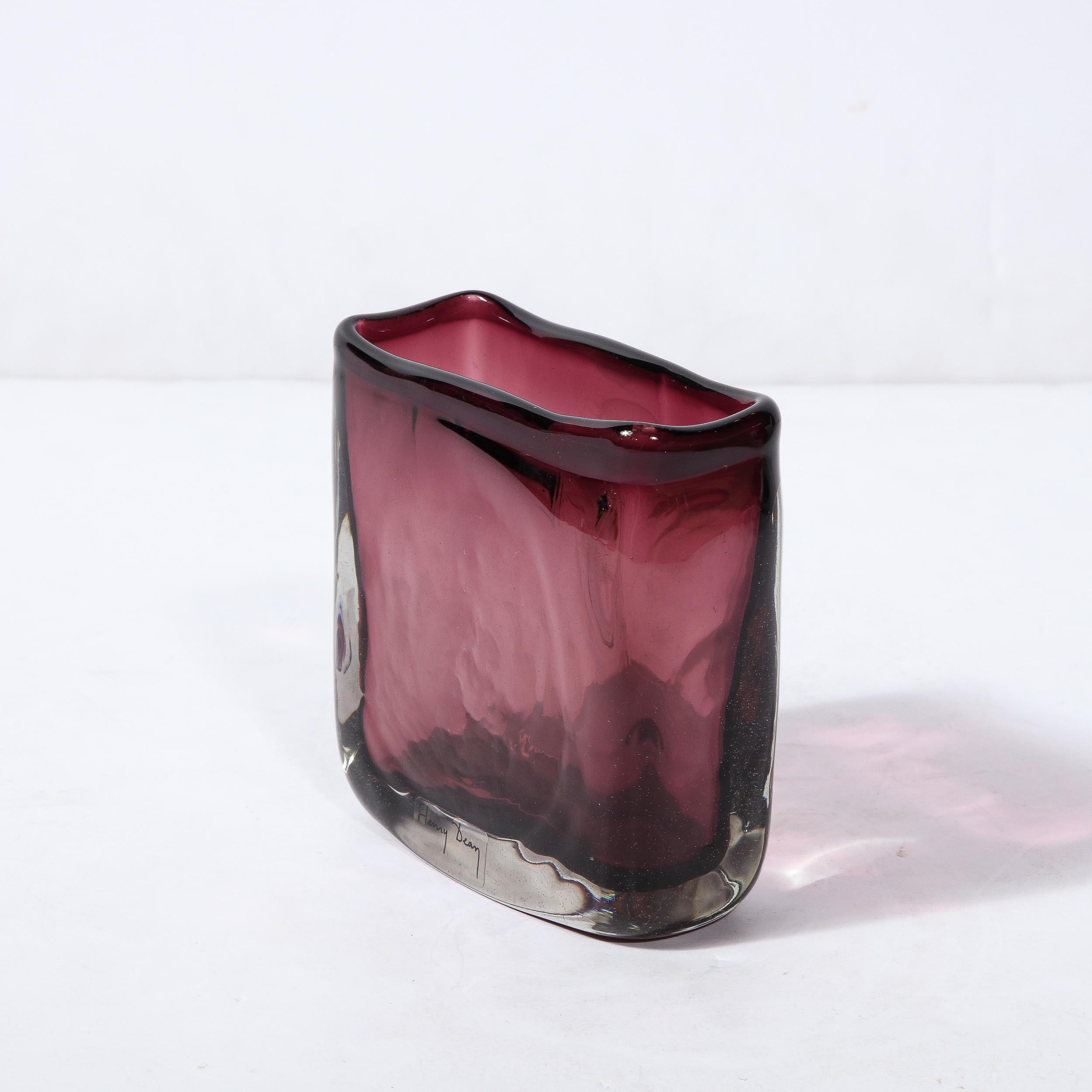 Modernist Oblong Hand Blown Burgundy Textured Murano Glass Vase For Sale 1