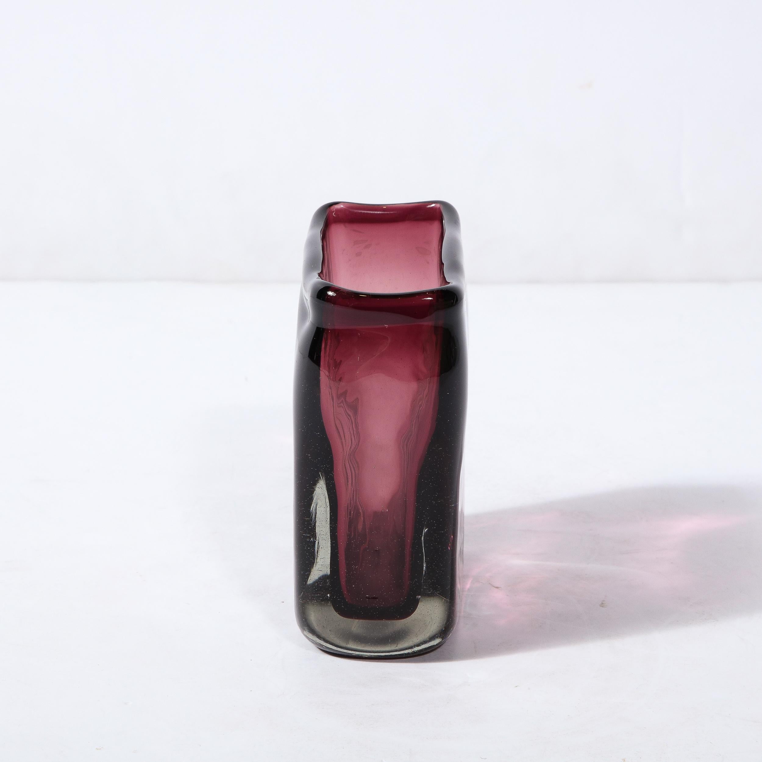 Modernist Oblong Hand Blown Burgundy Textured Murano Glass Vase For Sale 2