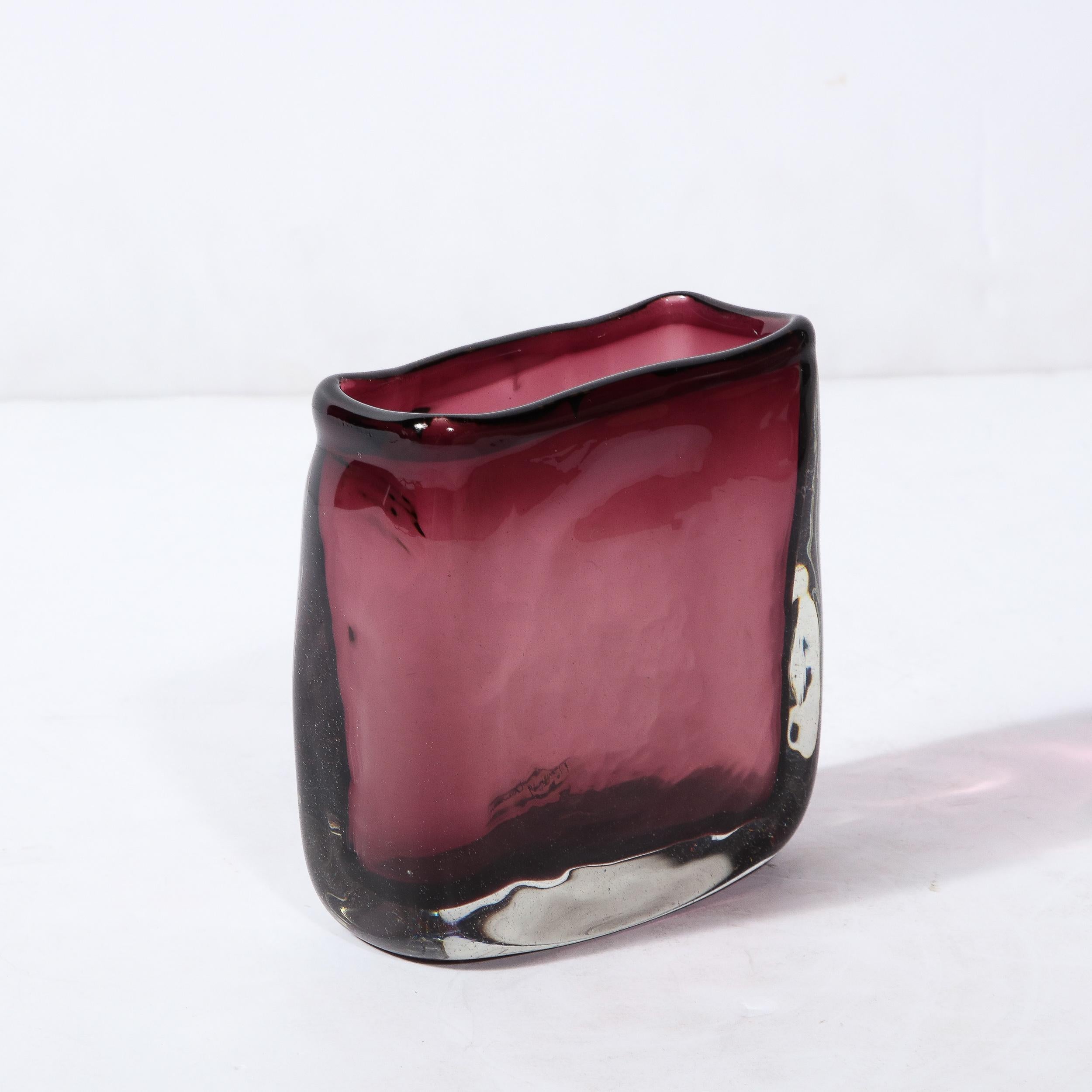 Modernist Oblong Hand Blown Burgundy Textured Murano Glass Vase For Sale 3