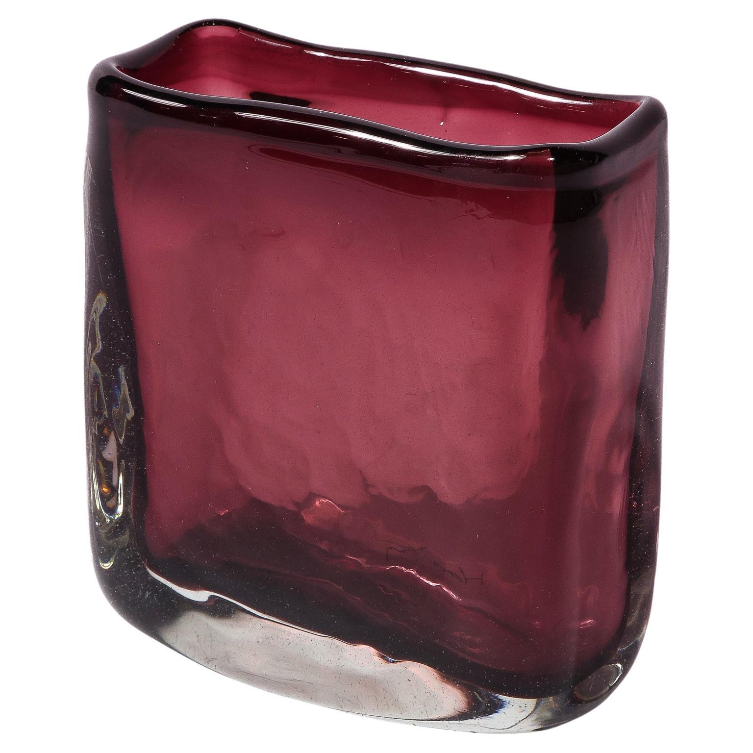 Modernist Oblong Hand Blown Burgundy Textured Murano Glass Vase For Sale