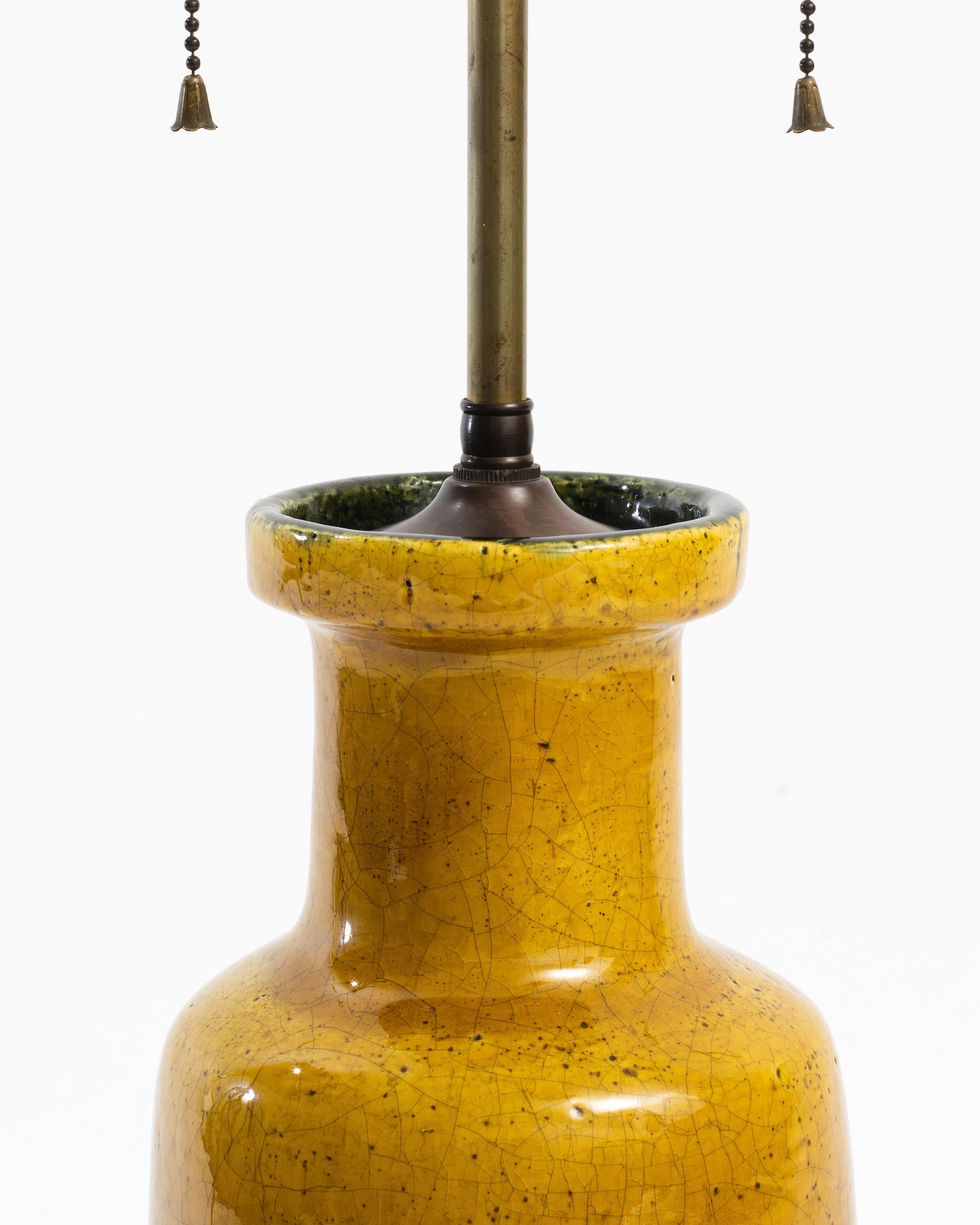 American Modernist Ochre Glazed Ceramic Table Lamp with Patinated Brass Hardware, 1950s