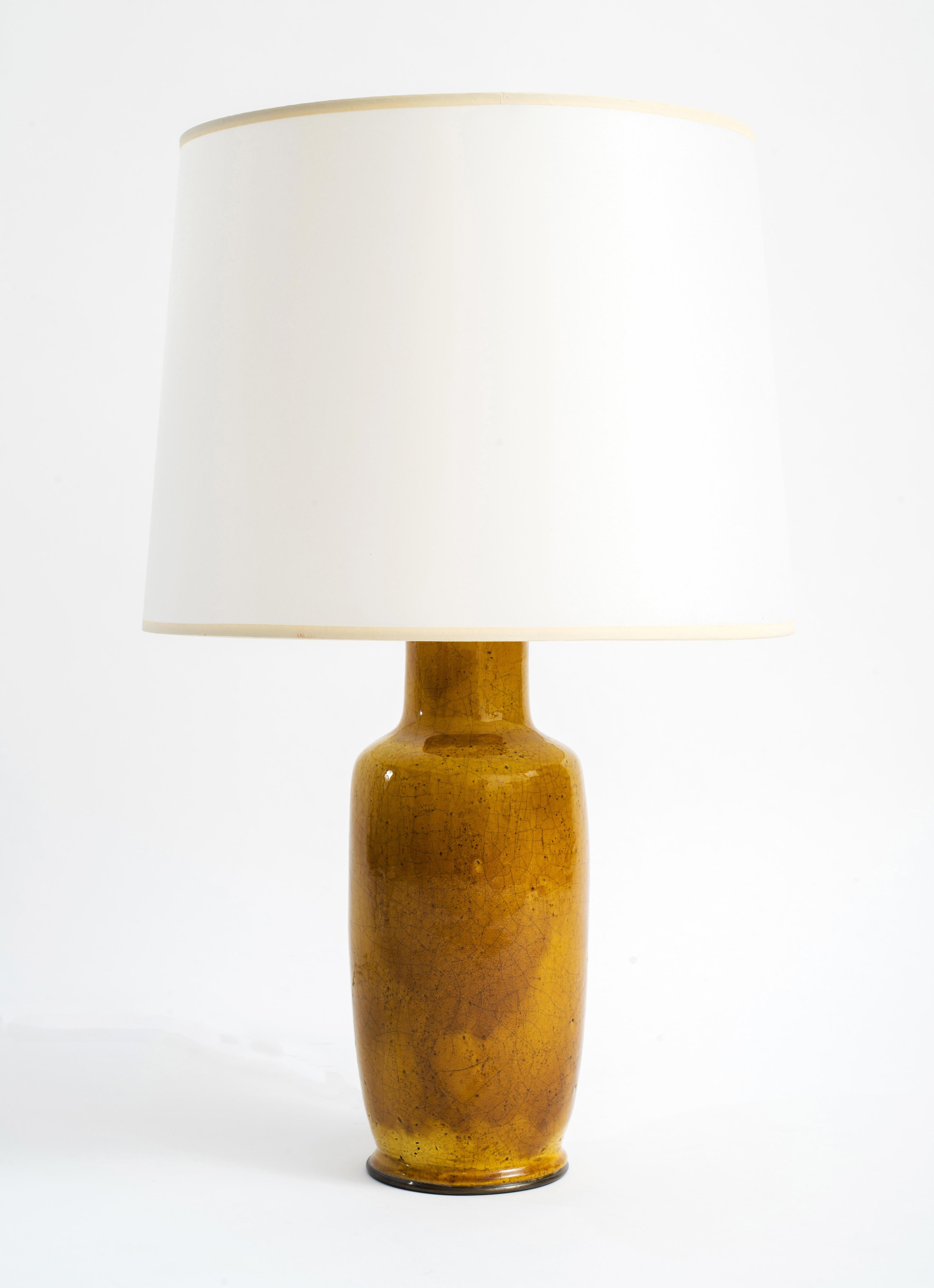20th Century Modernist Ochre Glazed Ceramic Table Lamp with Patinated Brass Hardware, 1950s