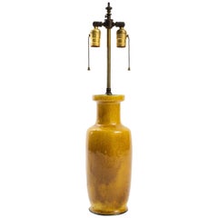 Modernist Ochre Glazed Ceramic Table Lamp with Patinated Brass Hardware, 1950s