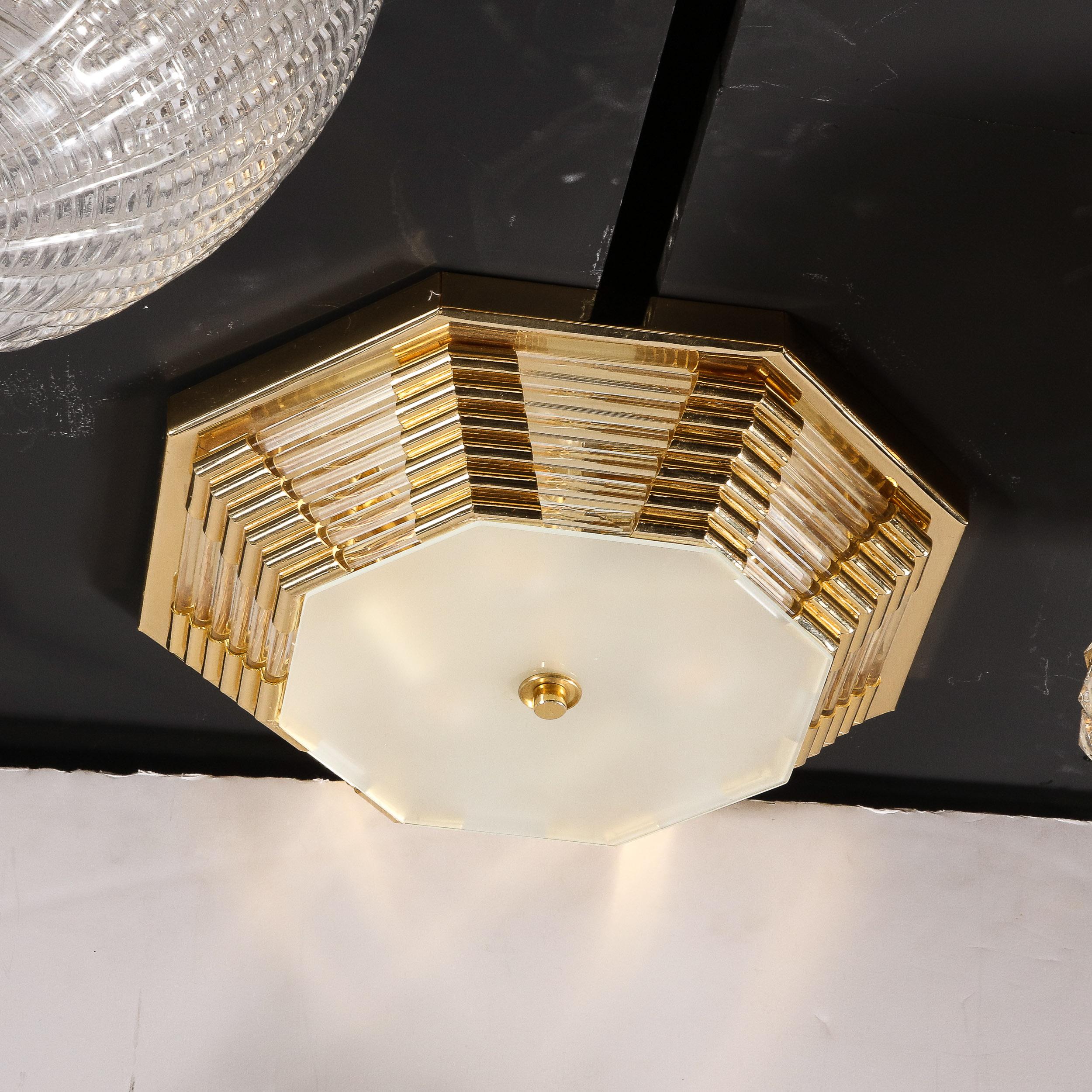 Modernist Octagonal Brass w/ Glass Rods & Frosted Shade Flush Mount Chandelier For Sale 6