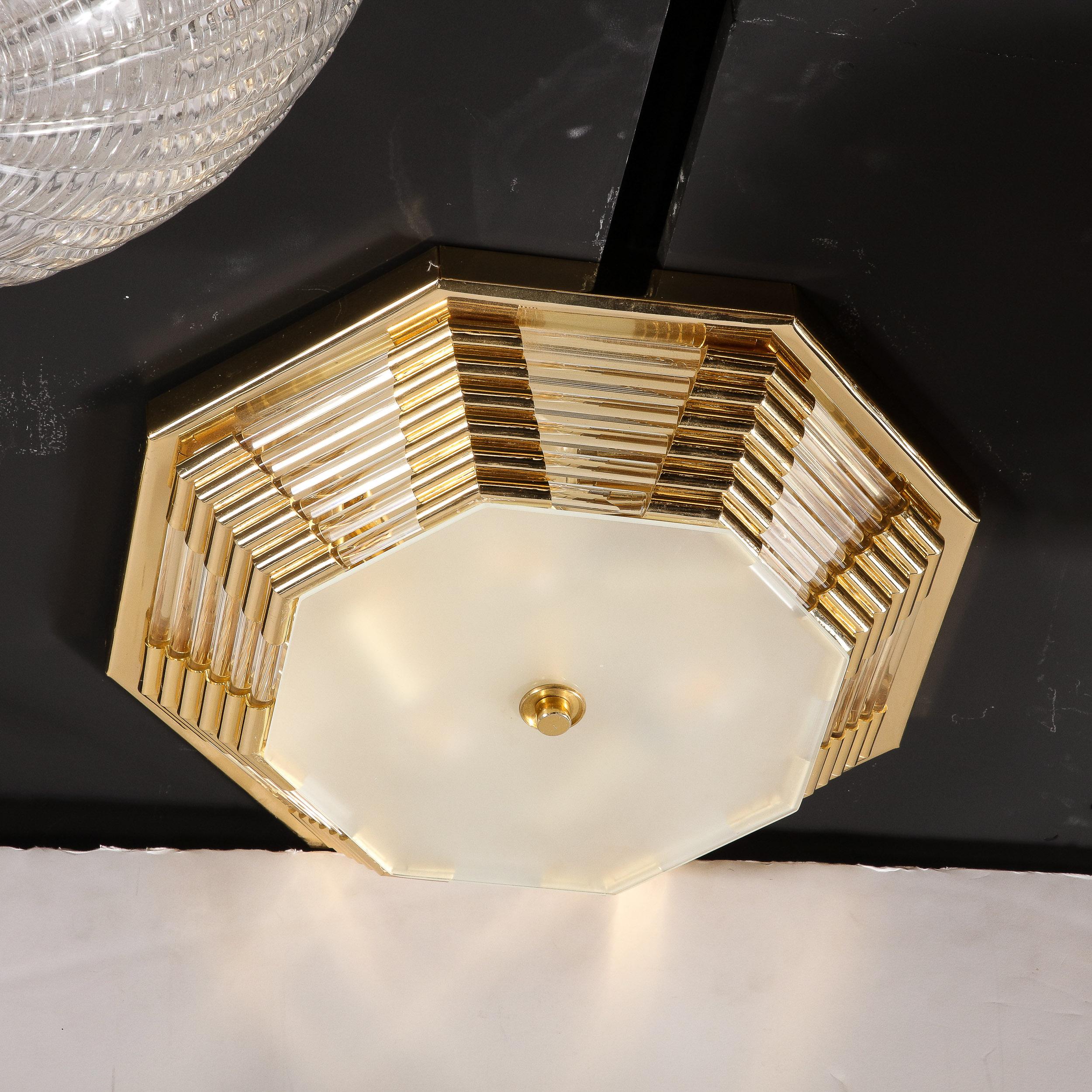 Modernist Octagonal Brass w/ Glass Rods & Frosted Shade Flush Mount Chandelier For Sale 7