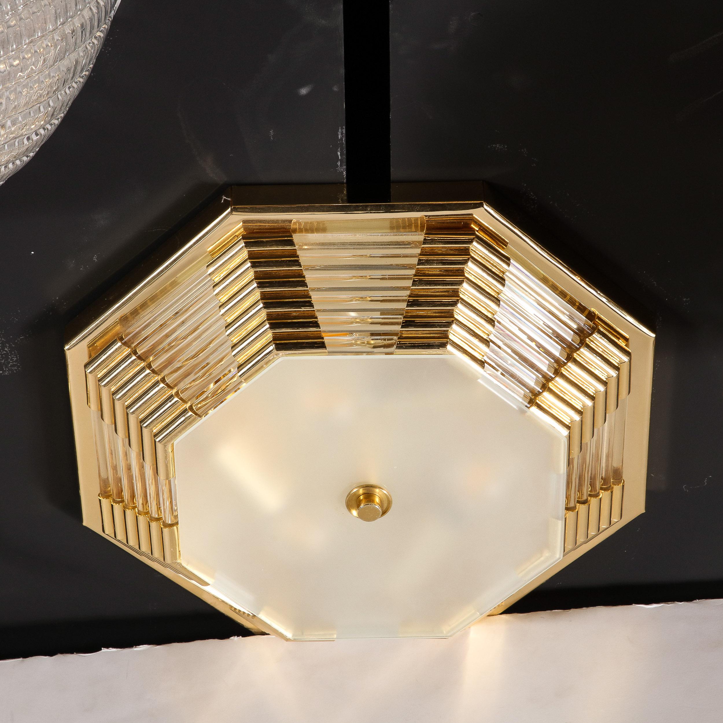 Modernist Octagonal Brass w/ Glass Rods & Frosted Shade Flush Mount Chandelier For Sale 8