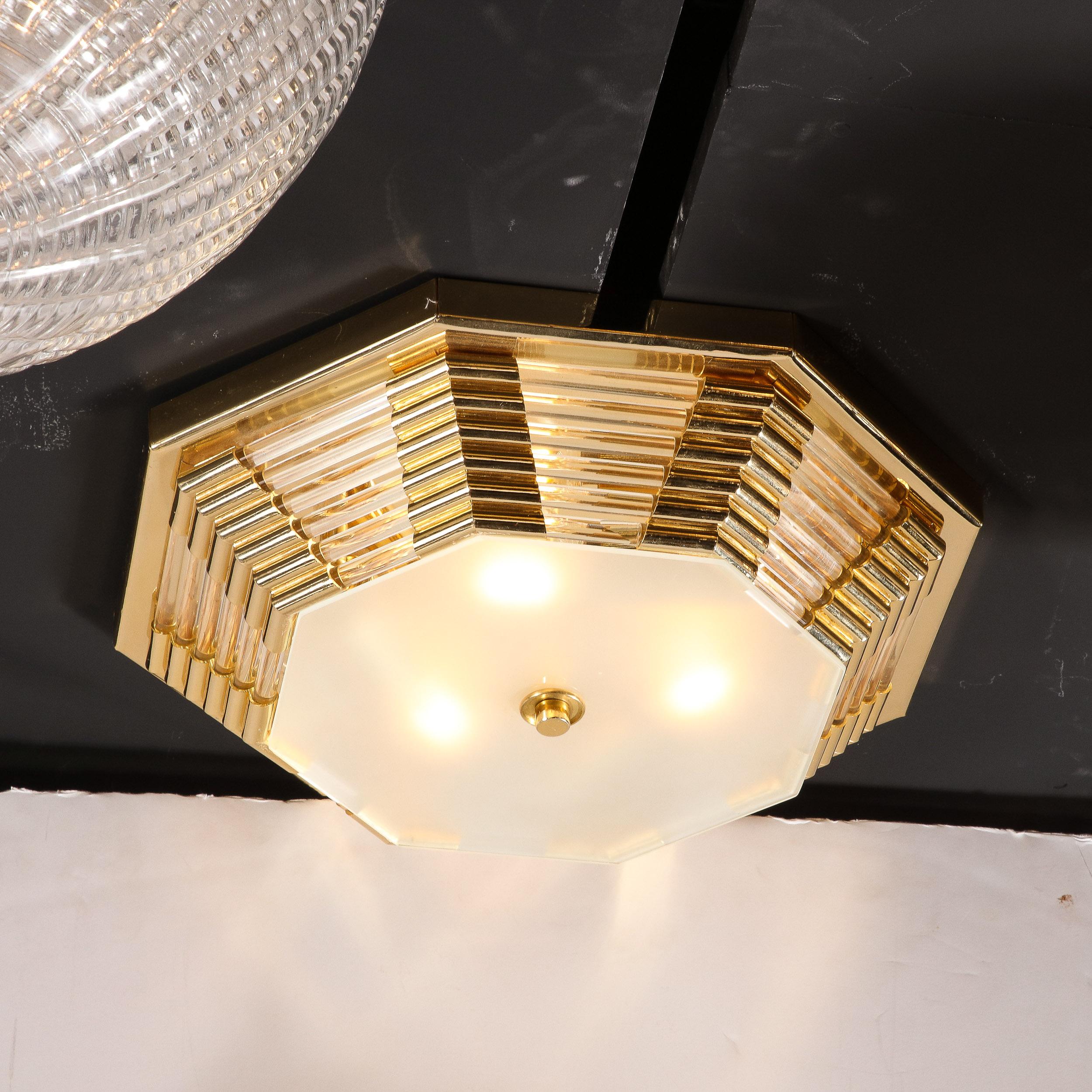 Italian Modernist Octagonal Brass w/ Glass Rods & Frosted Shade Flush Mount Chandelier For Sale